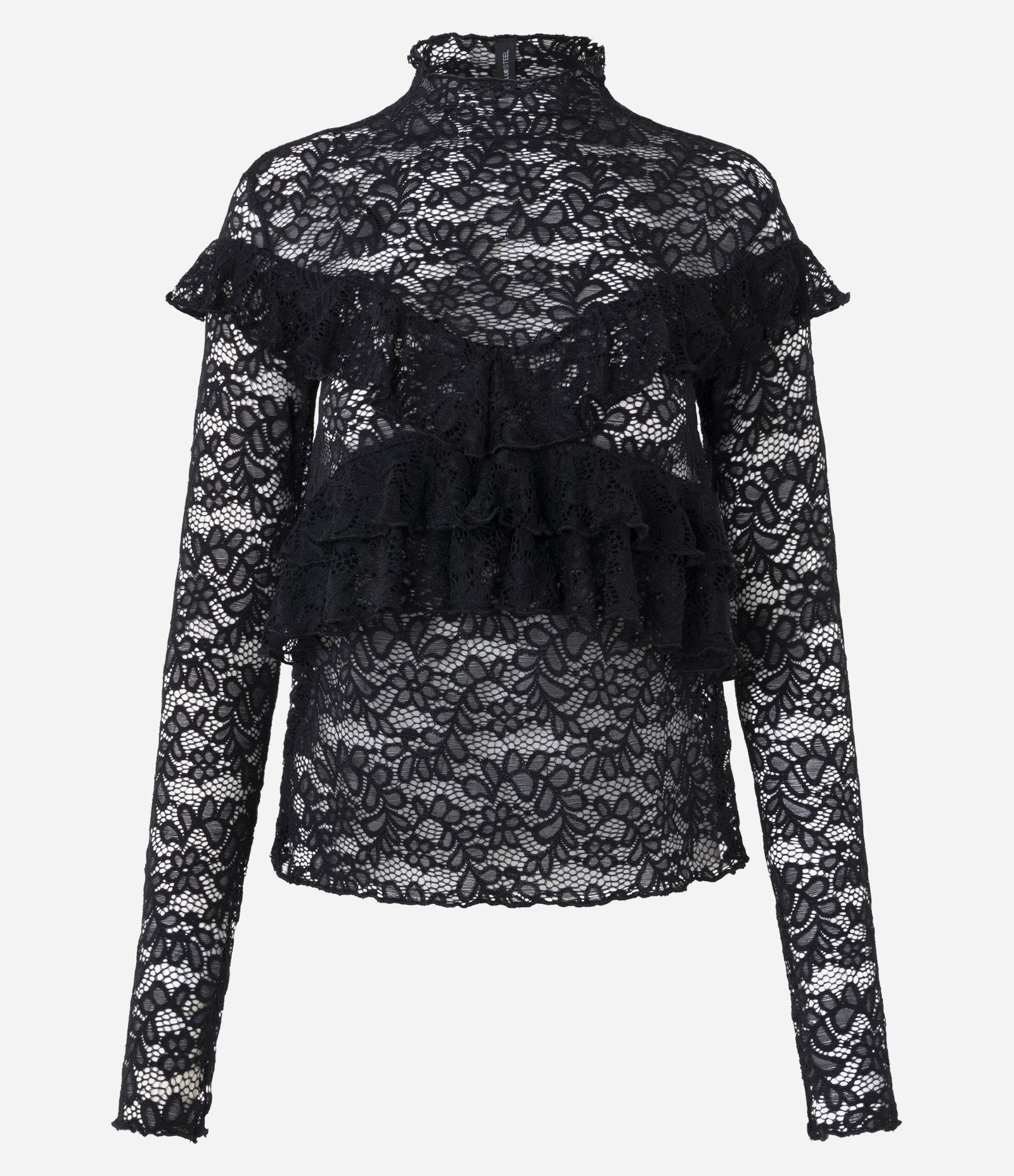 Blusa de Renda Manga Longa com Babados Preto 5