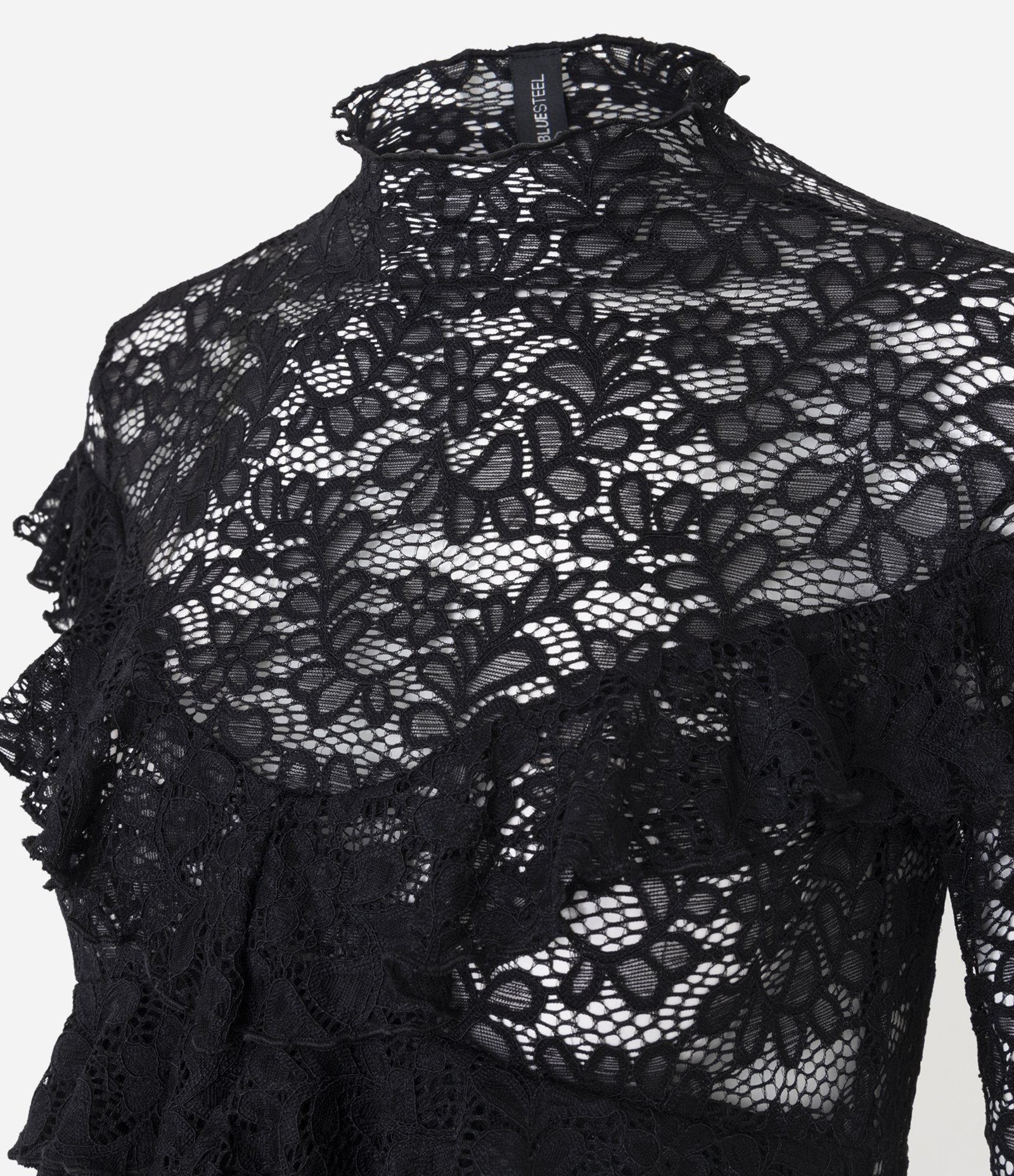 Blusa de Renda Manga Longa com Babados Preto 6