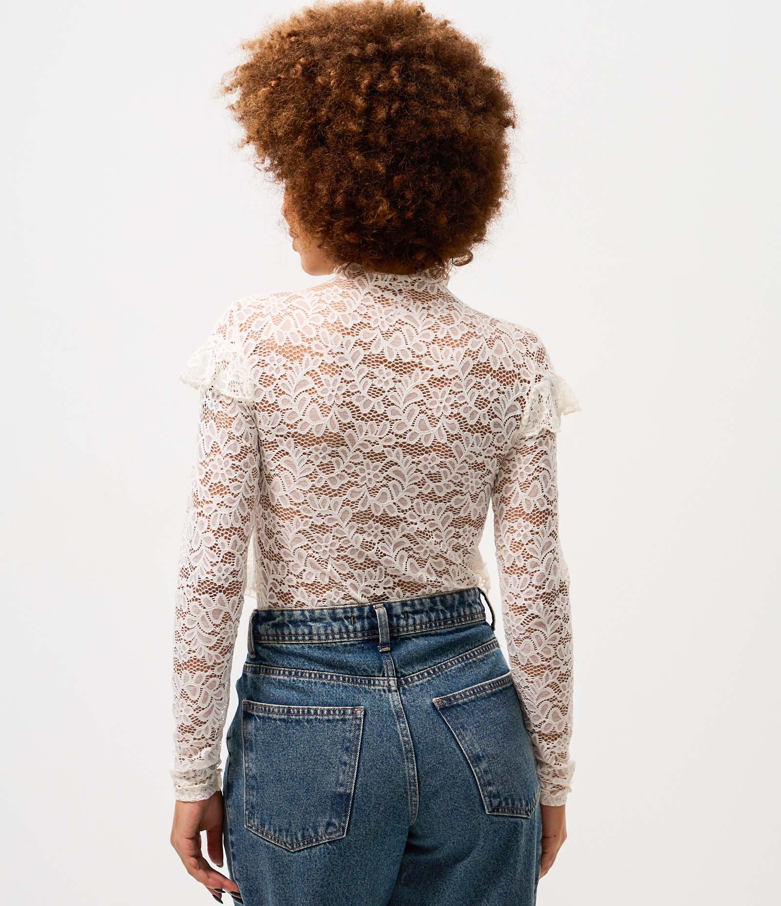 Blusa de Renda Manga Longa com Babados Bege 4
