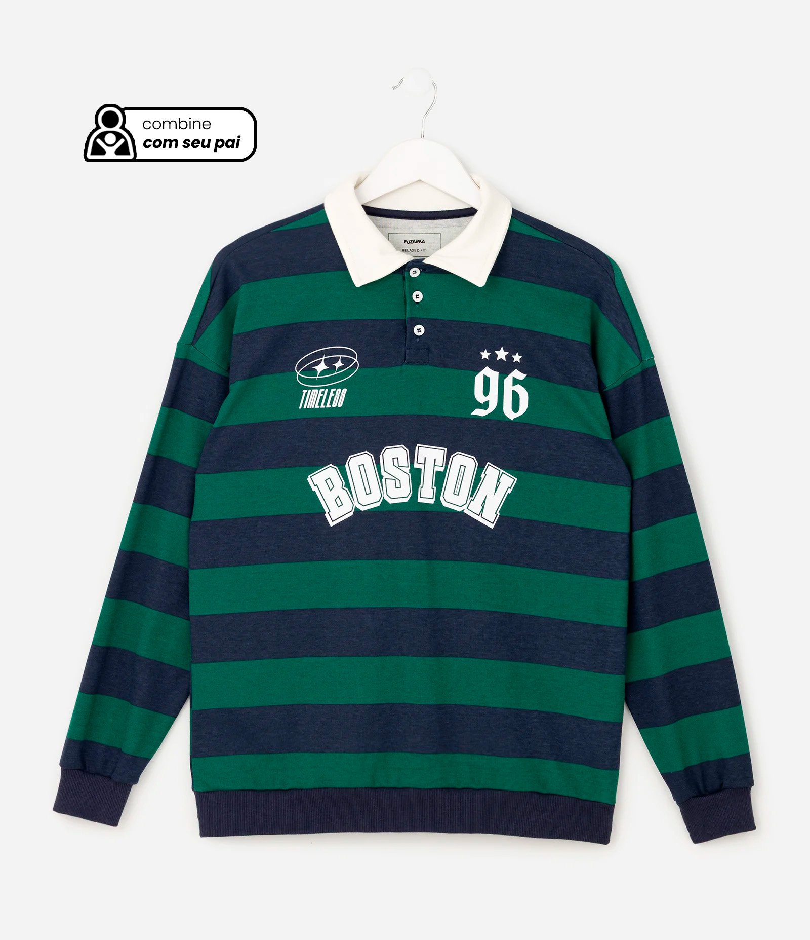 Camiseta Infantil Polo Listrada com Lettering – Tam 5 a 14 Anos Verde/Azul 1