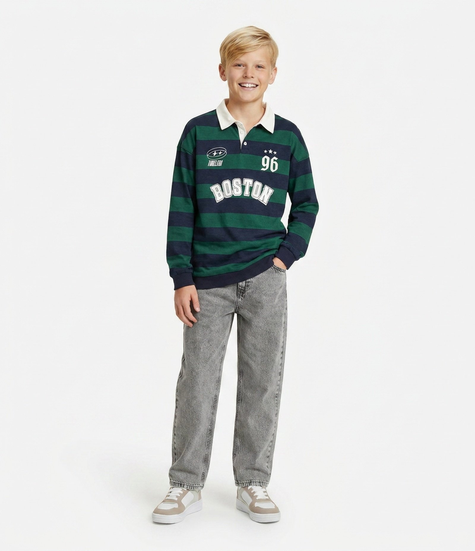 Camiseta Infantil Polo Listrada com Lettering – Tam 5 a 14 Anos Verde/Azul 2