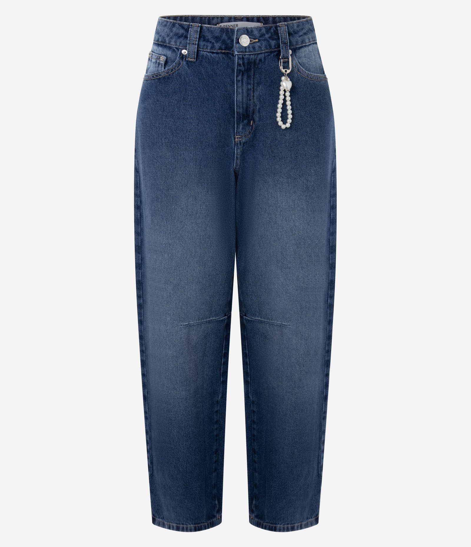 Calça Baggy em Jeans com Cintura Média Chaveiro de Pérolas e Coração Escuro 7