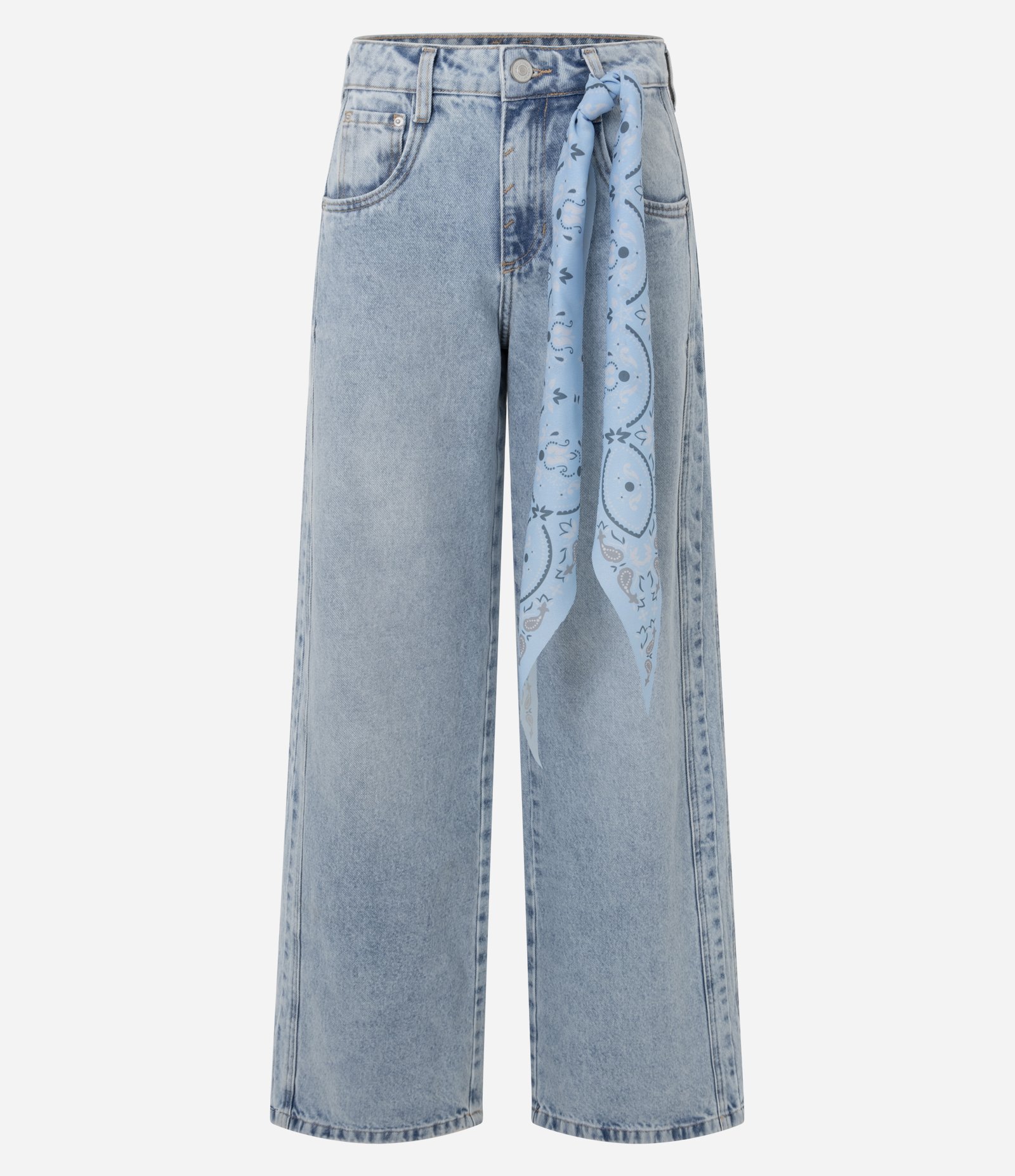 Calça Wide Leg em Jeans Cintura Média com Lenço Paisley Claro 5