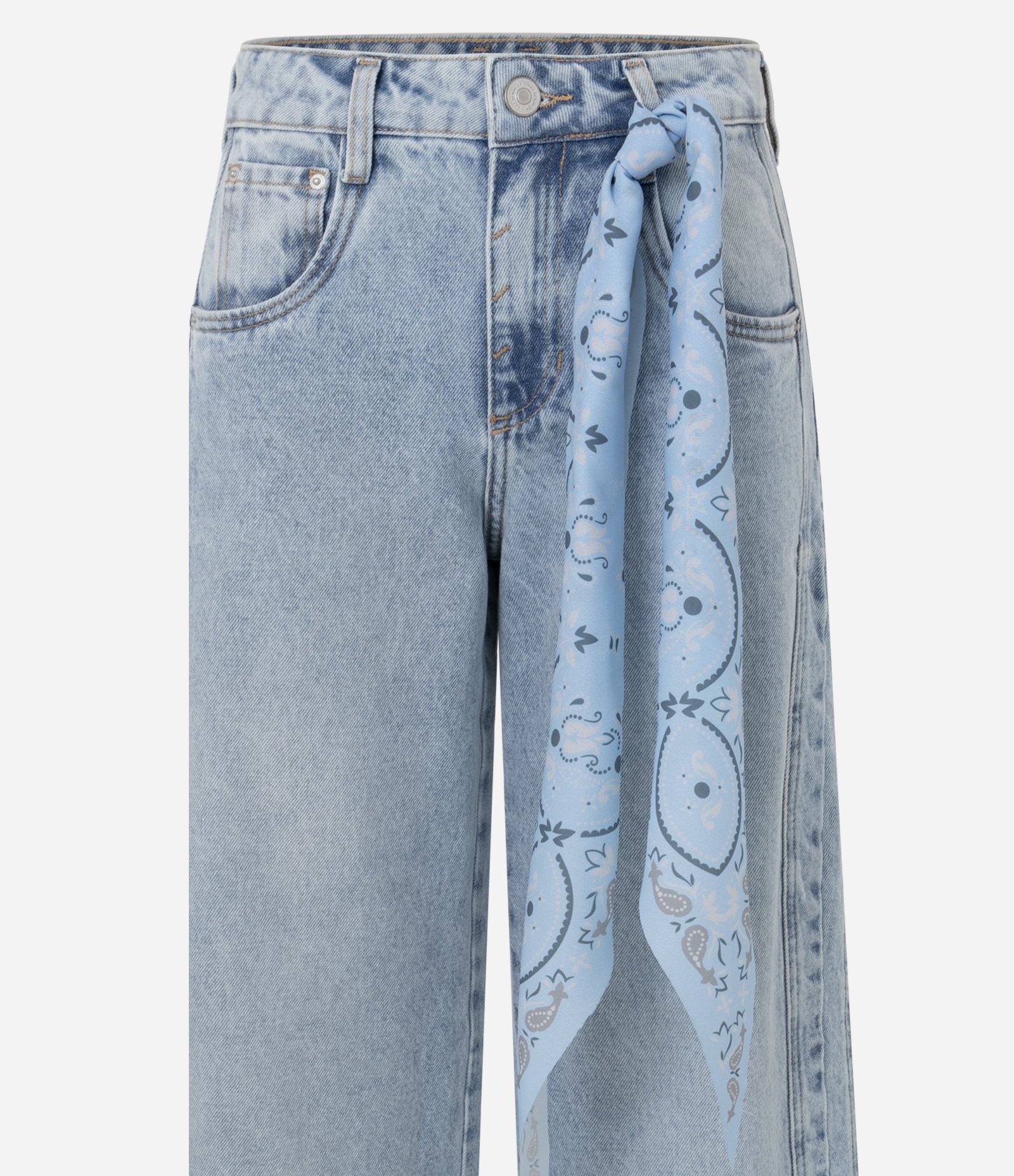 Calça Wide Leg em Jeans Cintura Média com Lenço Paisley Claro 6