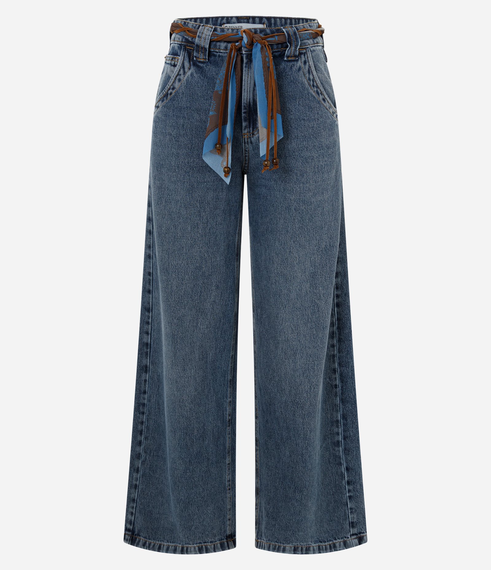 Calça Wide em Jeans com Cinto de Lenço e Miçangas Azul Escuro 6