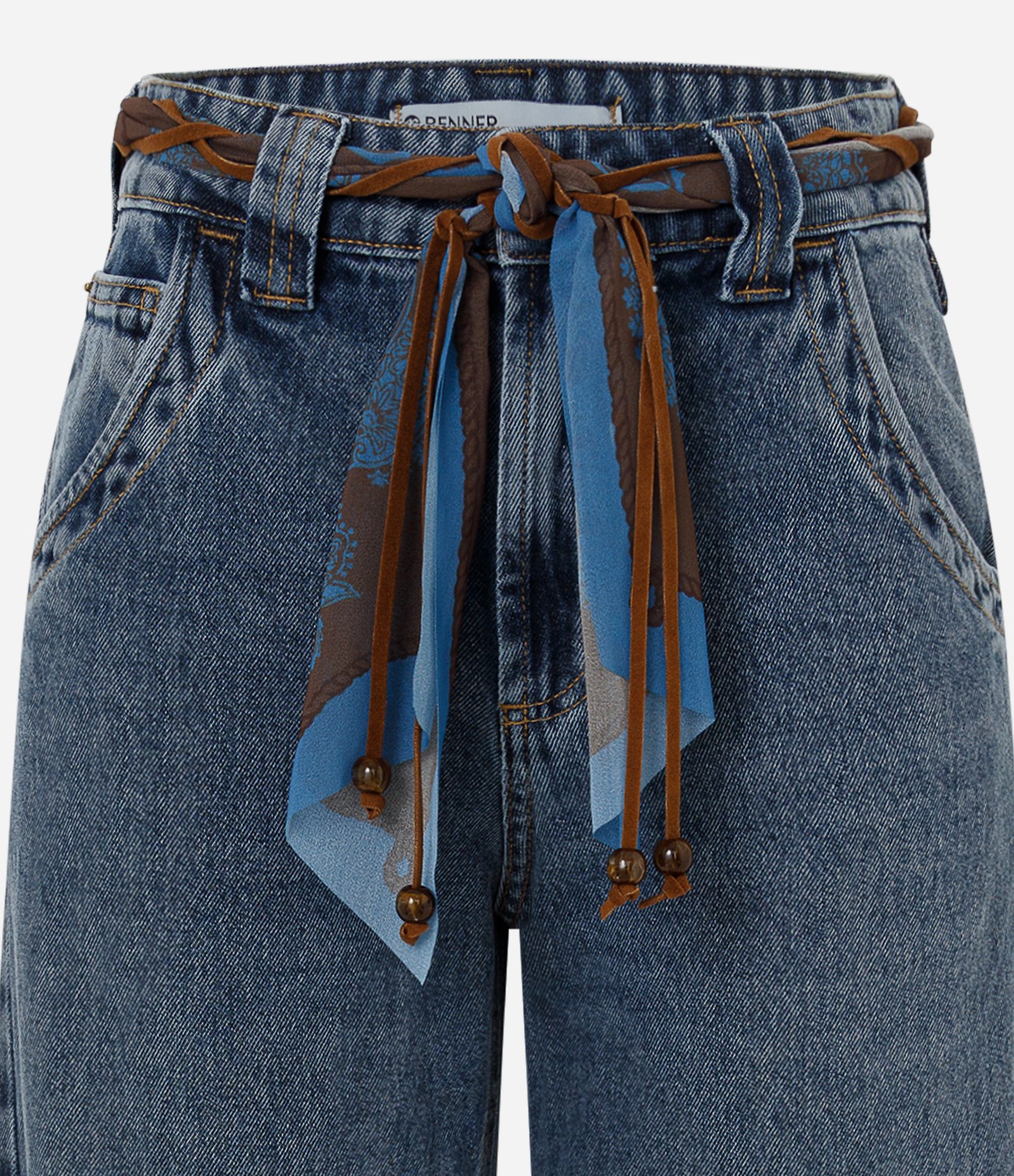 Calça Wide em Jeans com Cinto de Lenço e Miçangas Azul Escuro 7
