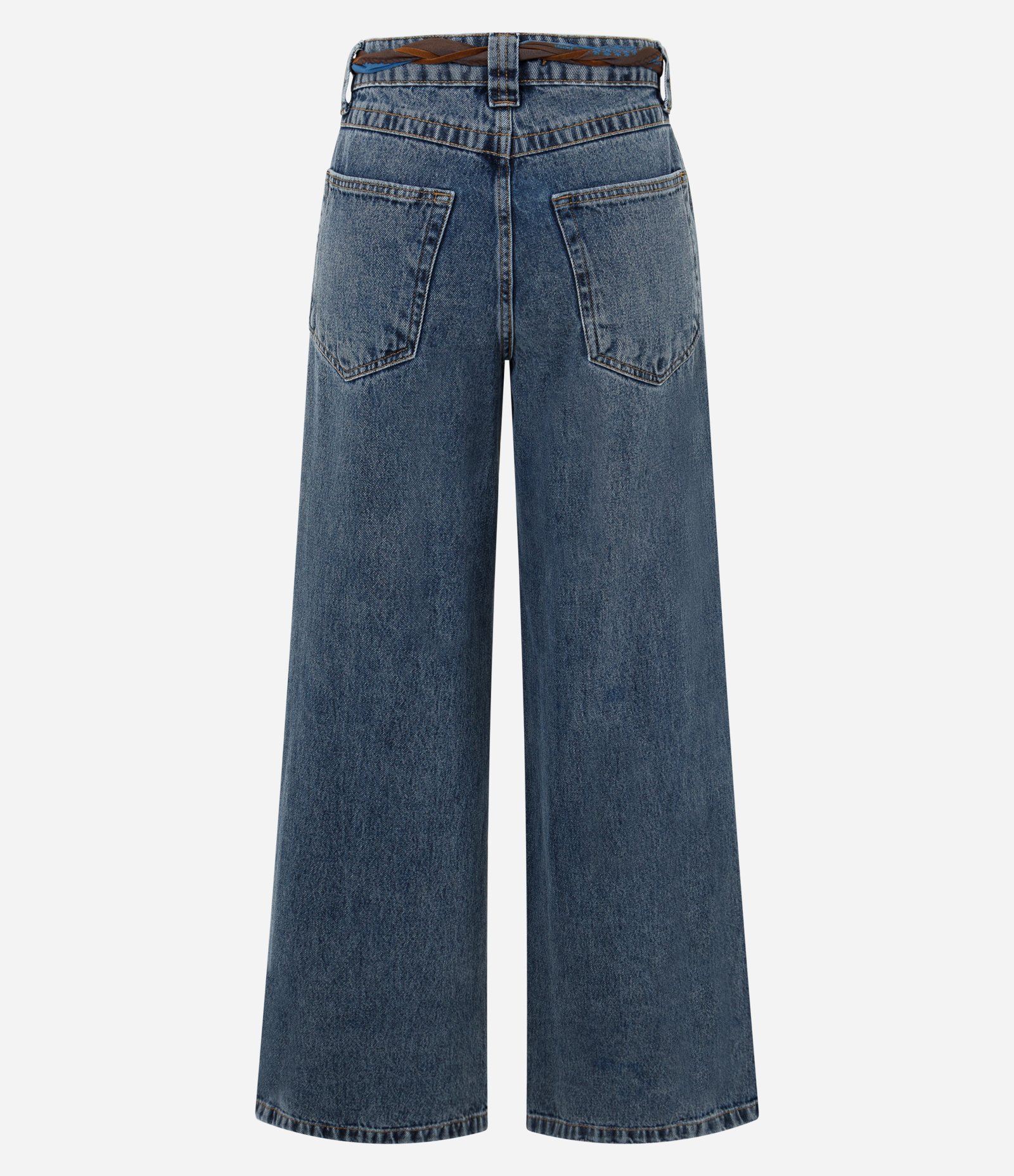 Calça Wide em Jeans com Cinto de Lenço e Miçangas Azul Escuro 8