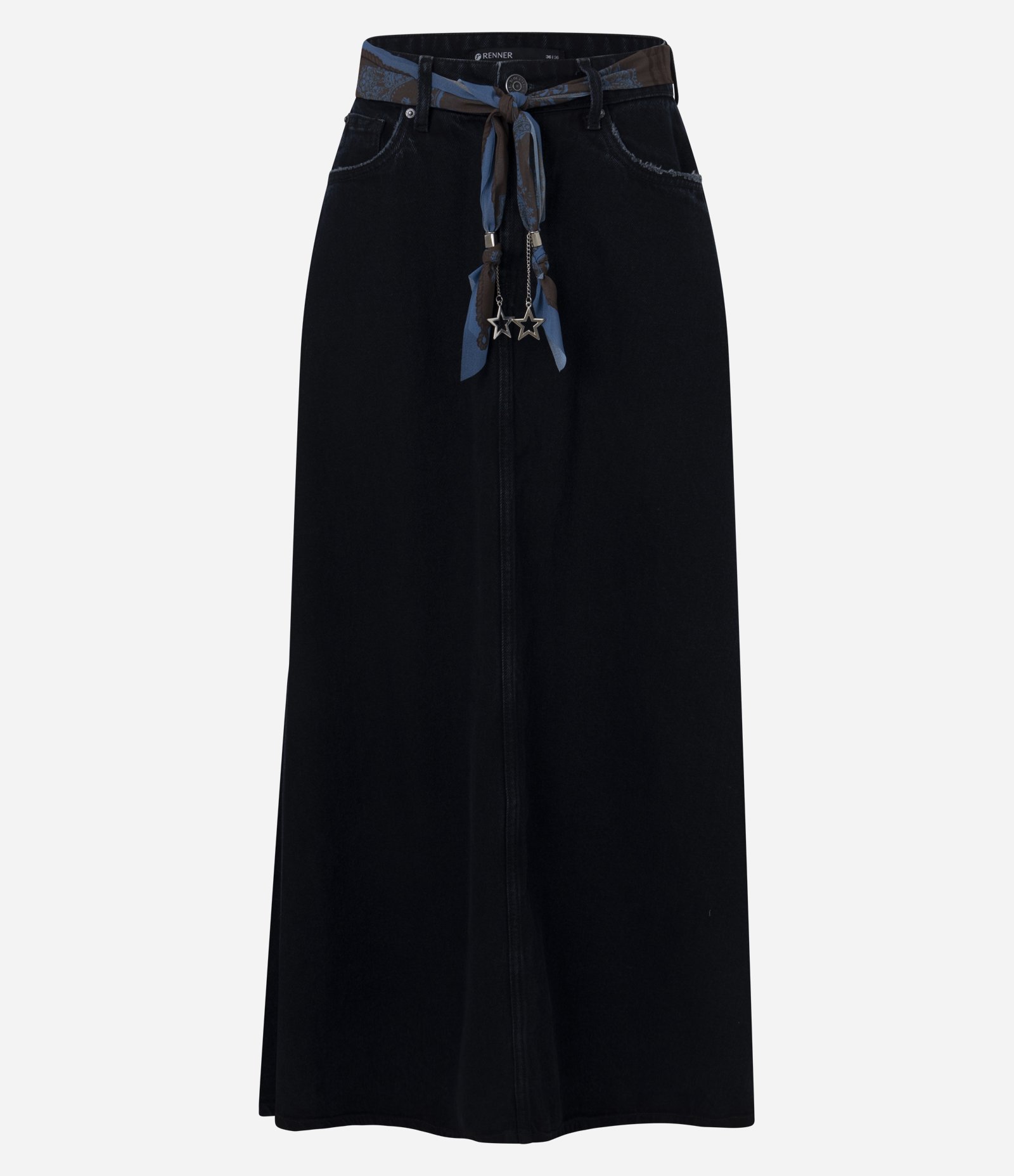 Saia Jeans Midi com Lenço Decorativo Azul Escuro 5