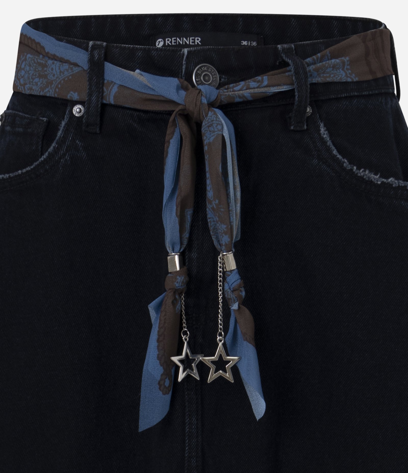 Saia Jeans Midi com Lenço Decorativo Azul Escuro 6