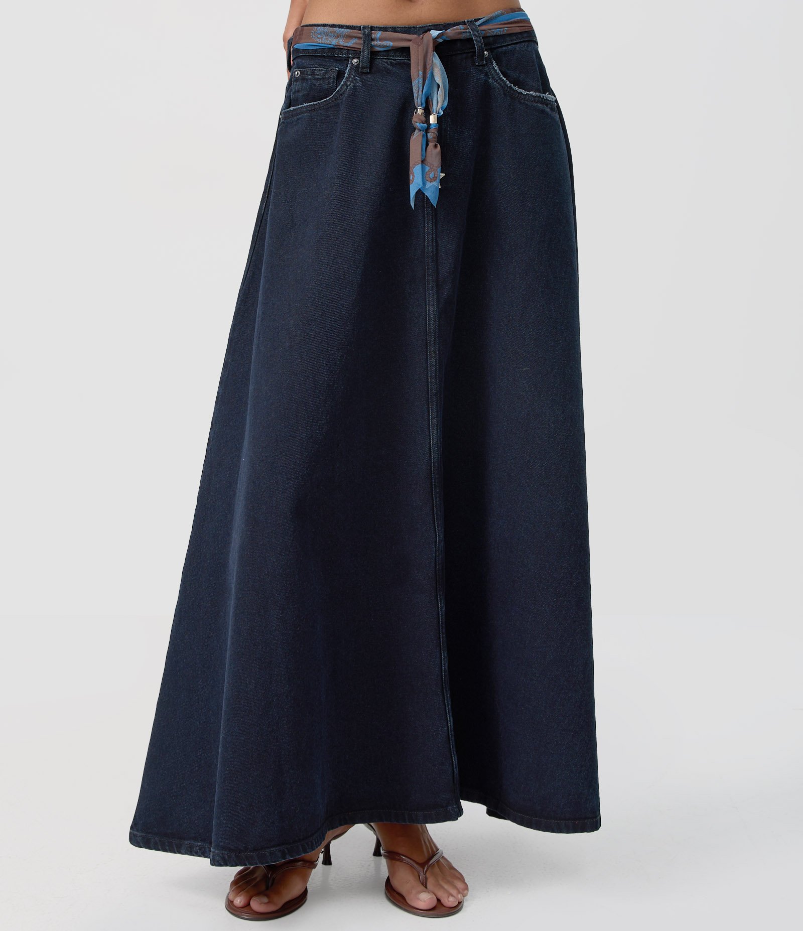 Saia Jeans Midi com Lenço Decorativo Azul Escuro 2