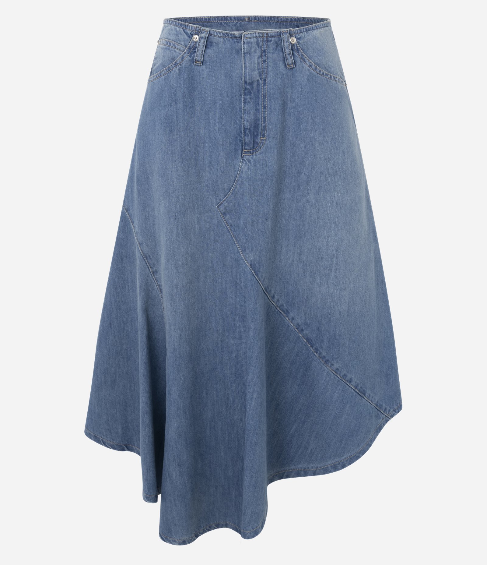 Saia Midi em Jeans Assimétrica sem Cós Azul 5
