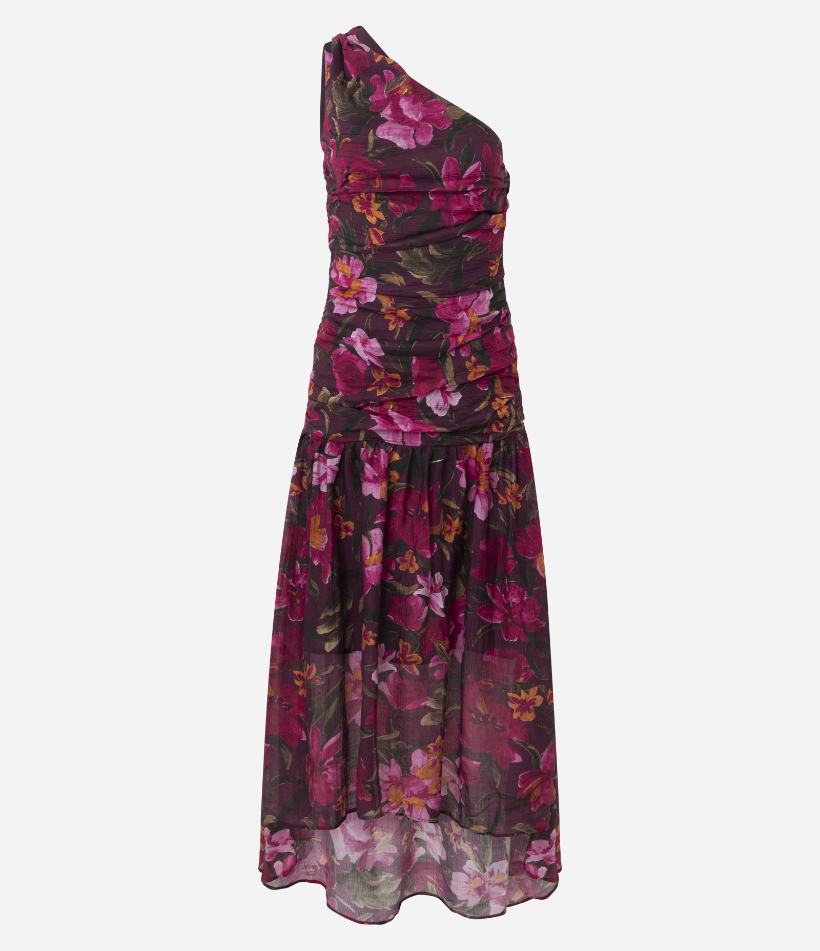 Vestido Midi Floral de Um Ombro Só com Drapeado Multicores 6