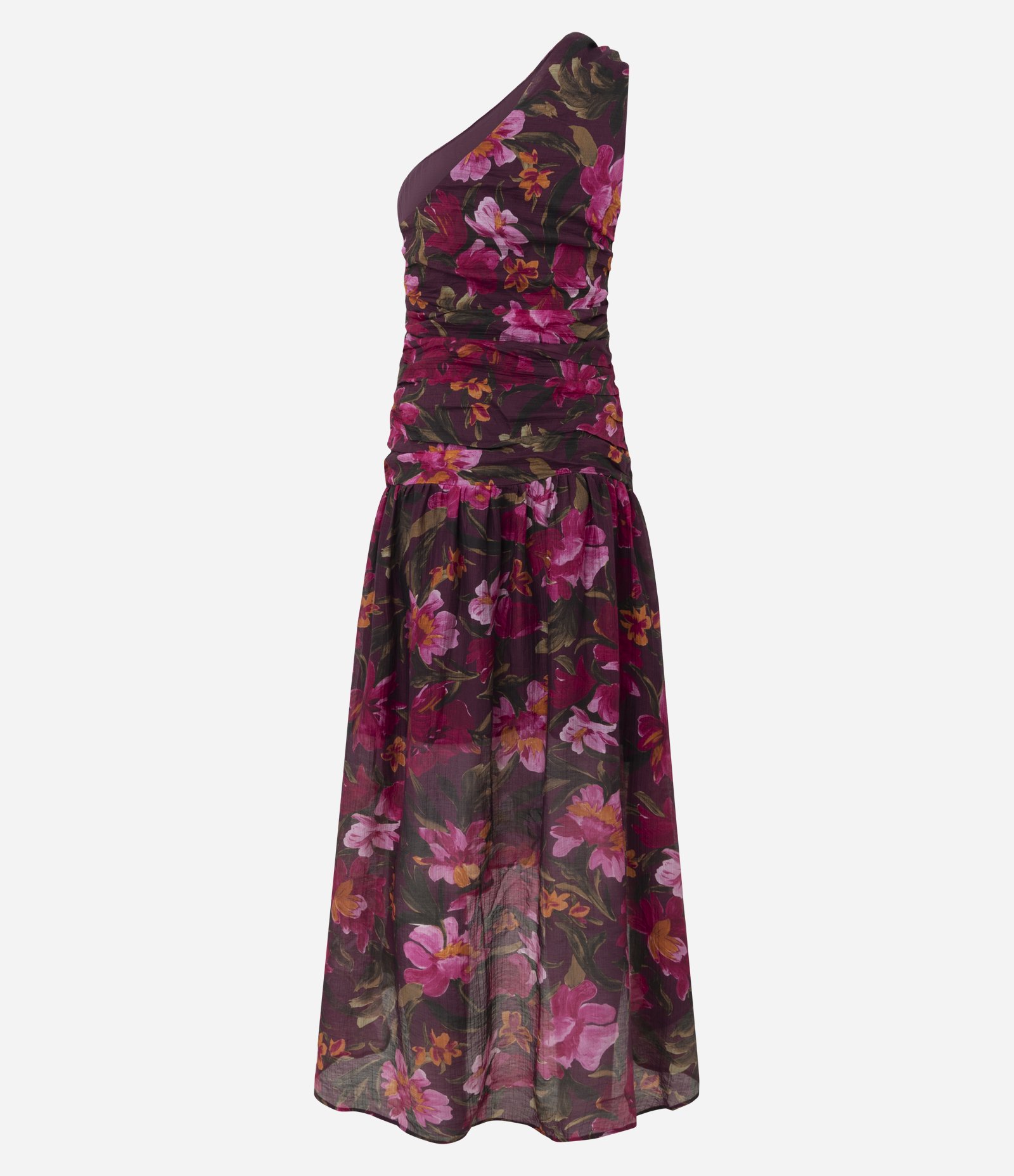 Vestido Midi Floral de Um Ombro Só com Drapeado Multicores 7