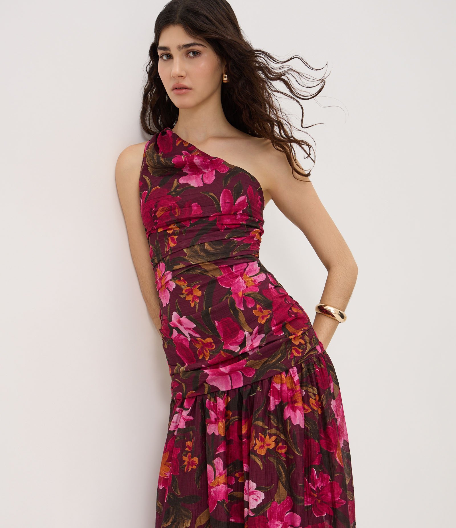 Vestido Midi Floral de Um Ombro Só com Drapeado Multicores 1