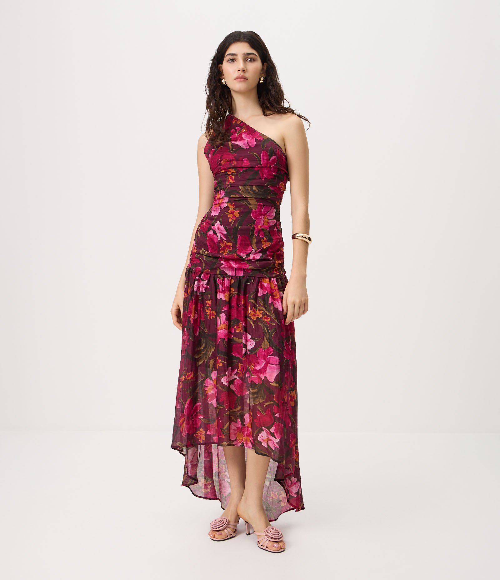 Vestido Midi Floral de Um Ombro Só com Drapeado Multicores 2