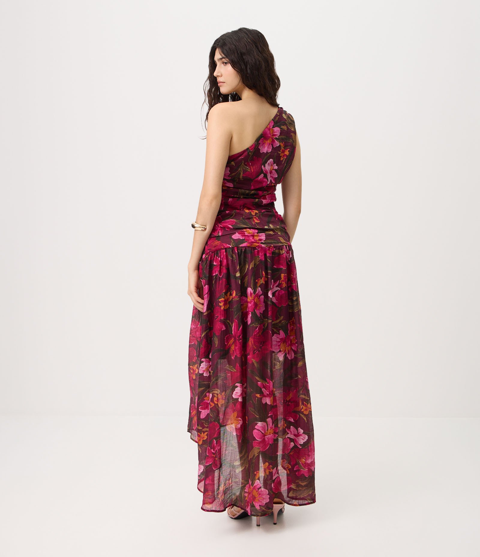 Vestido Midi Floral de Um Ombro Só com Drapeado Multicores 4