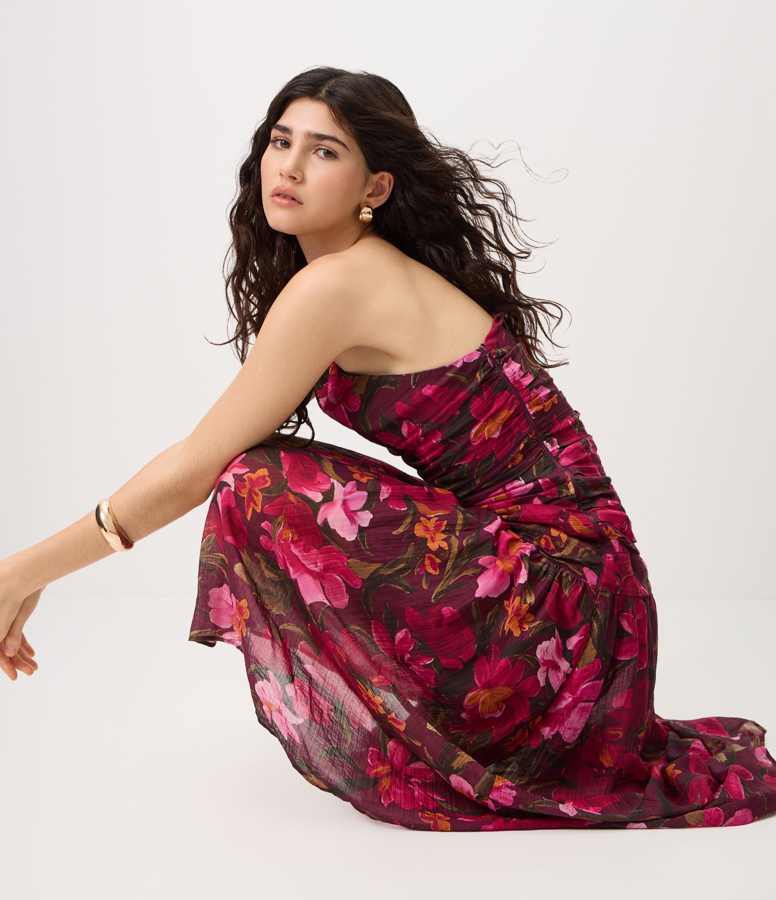 Vestido Midi Floral de Um Ombro Só com Drapeado Multicores 5