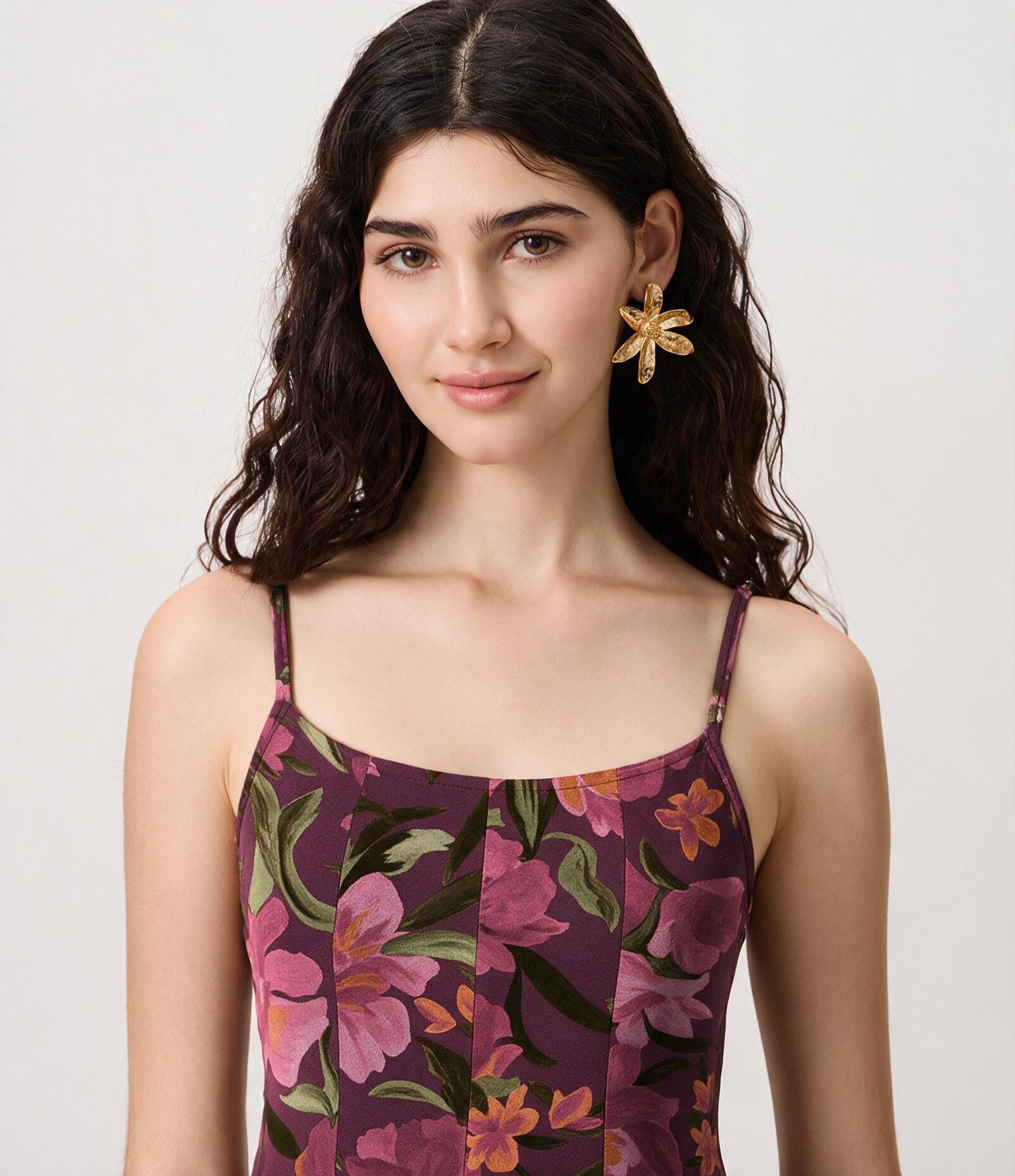 Vestido Midi em Chiffon Floral com Decote Quadrado Roxo 2