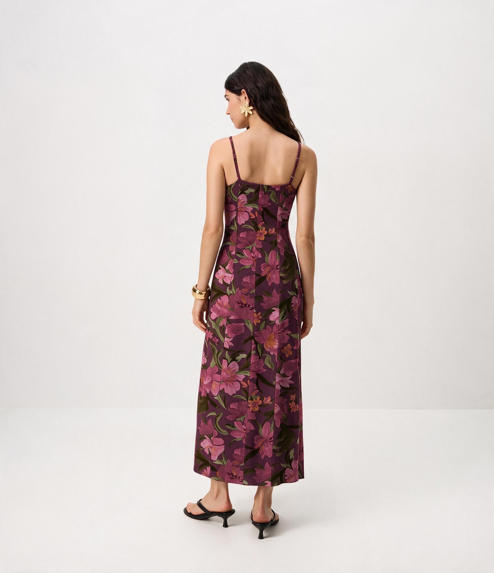 Vestido Midi em Chiffon Floral com Decote Quadrado Roxo 3