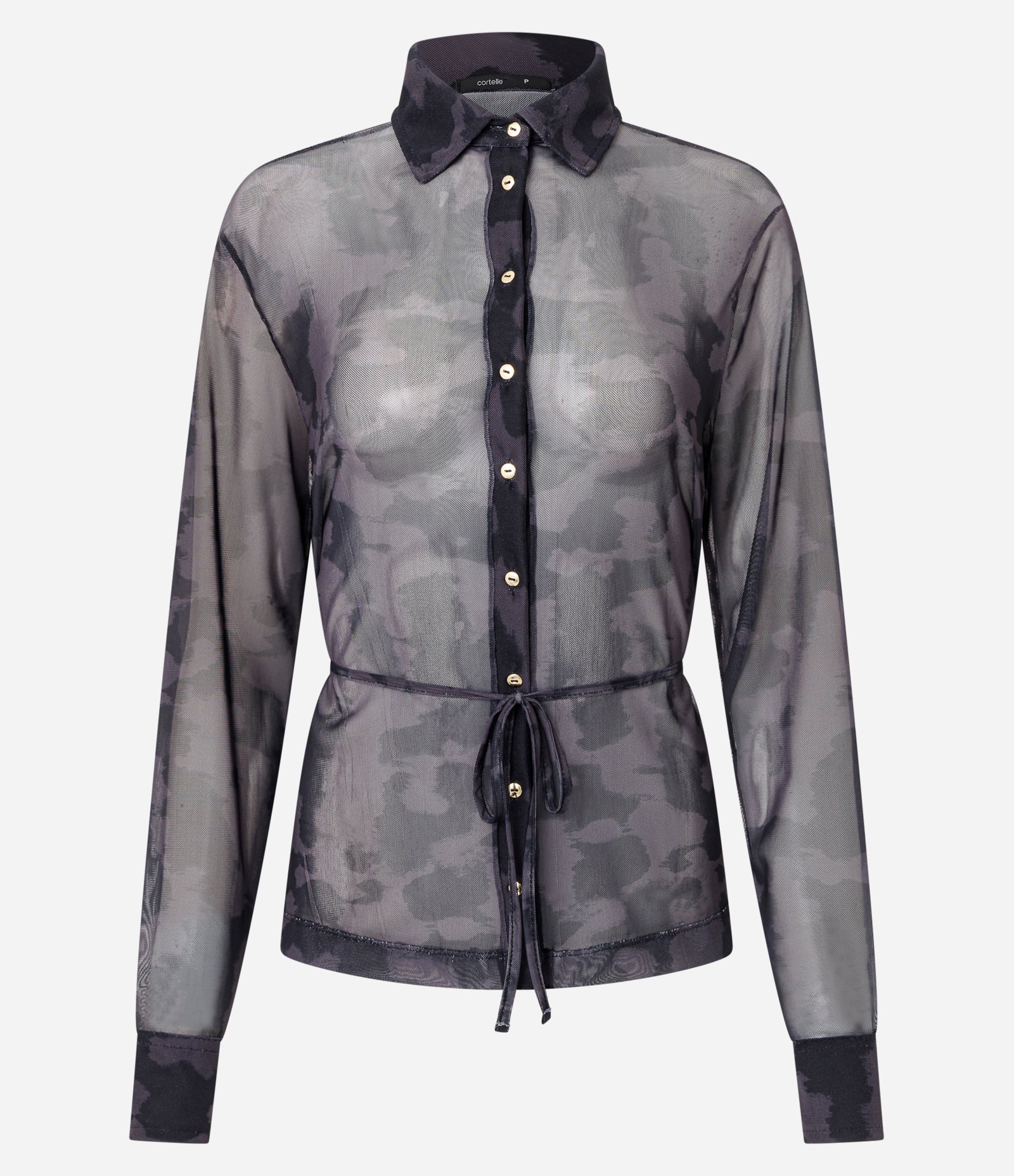 Blusa em Tule Estampado com Amarração na Cintura Preto 5