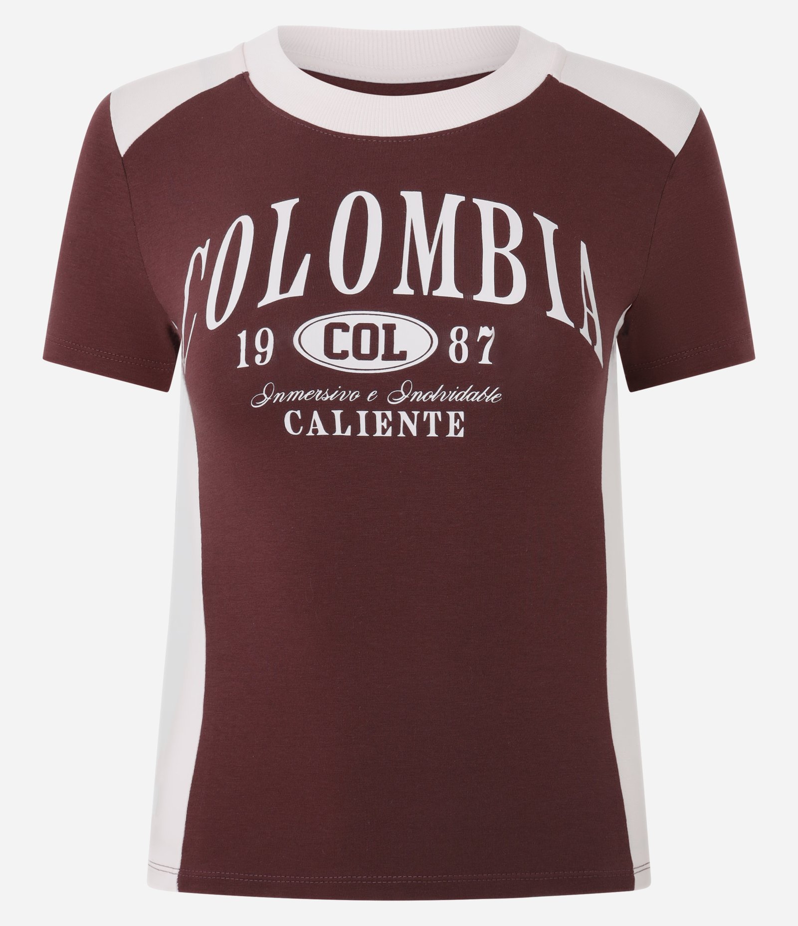 Camiseta em Algodão com Lettering Colombia e Recortes Contrastantes Bordô 5