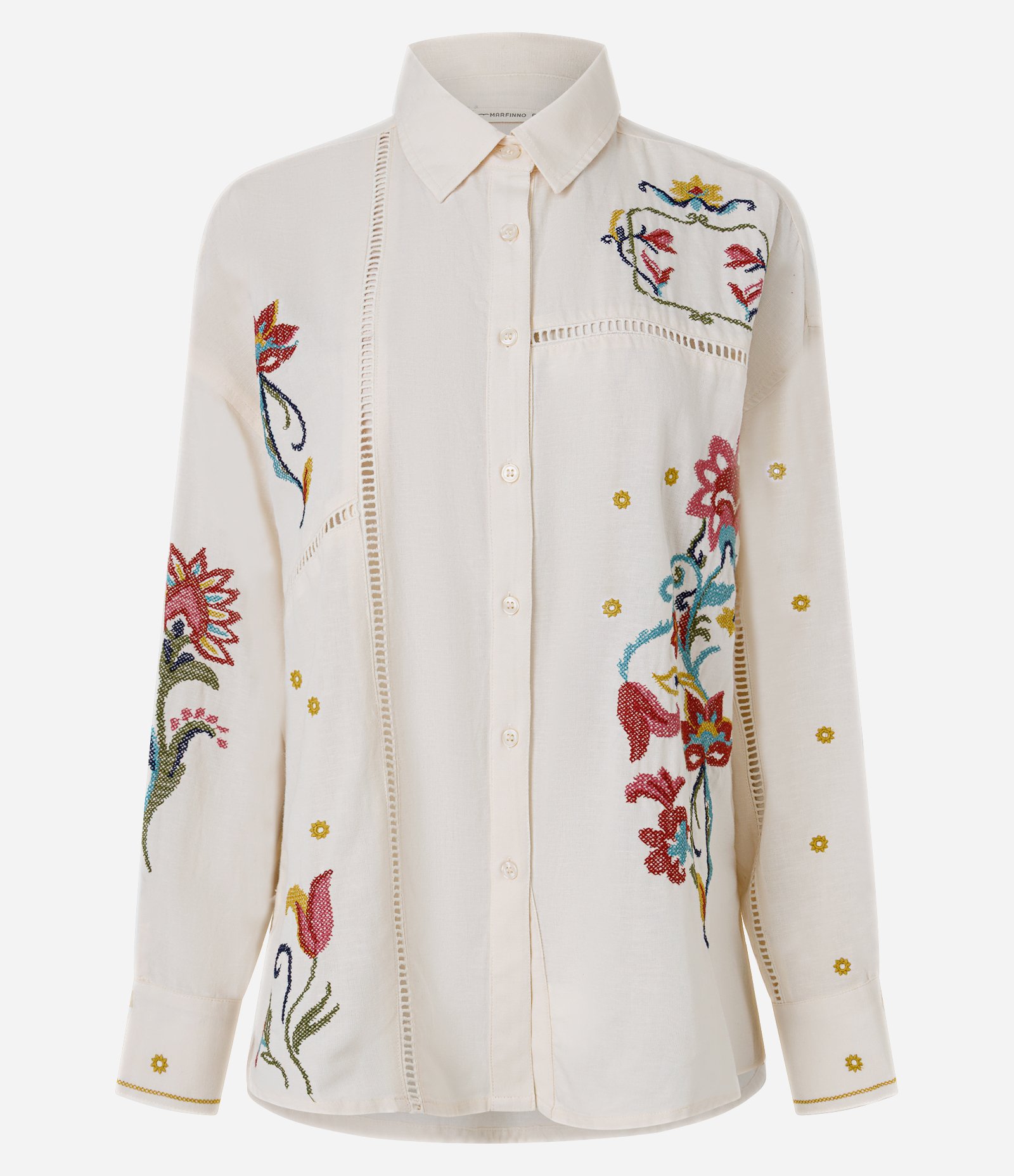 Camisa Oversized em Laise com Bordado Floral Localizado Branco 1