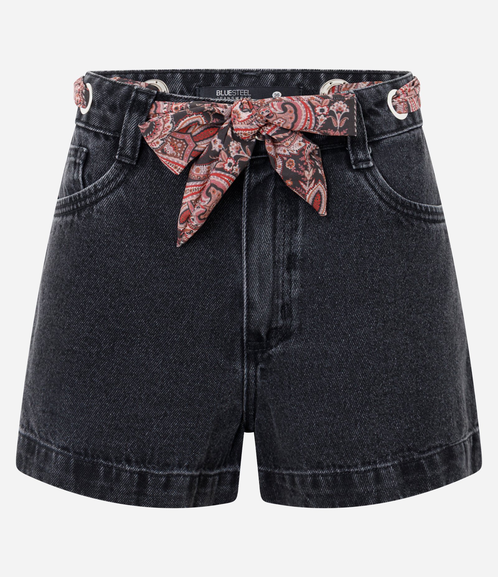 Short Mom Jeans com Cintura Alta e Cinto Lenço Paisley Preto 1
