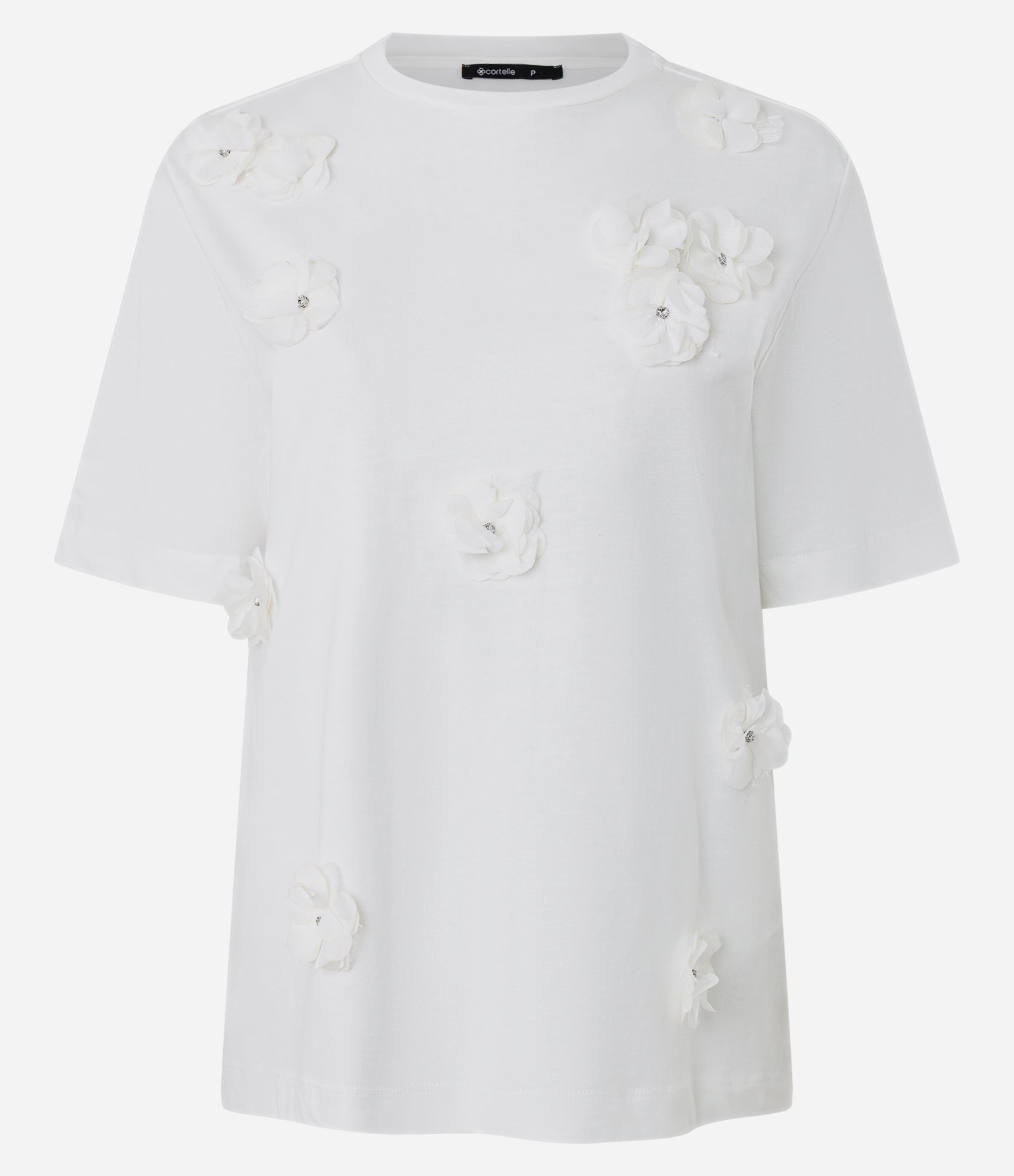 Camiseta em Algodão com Flores Aplicadas e Detalhes Brilhantes Branco 1