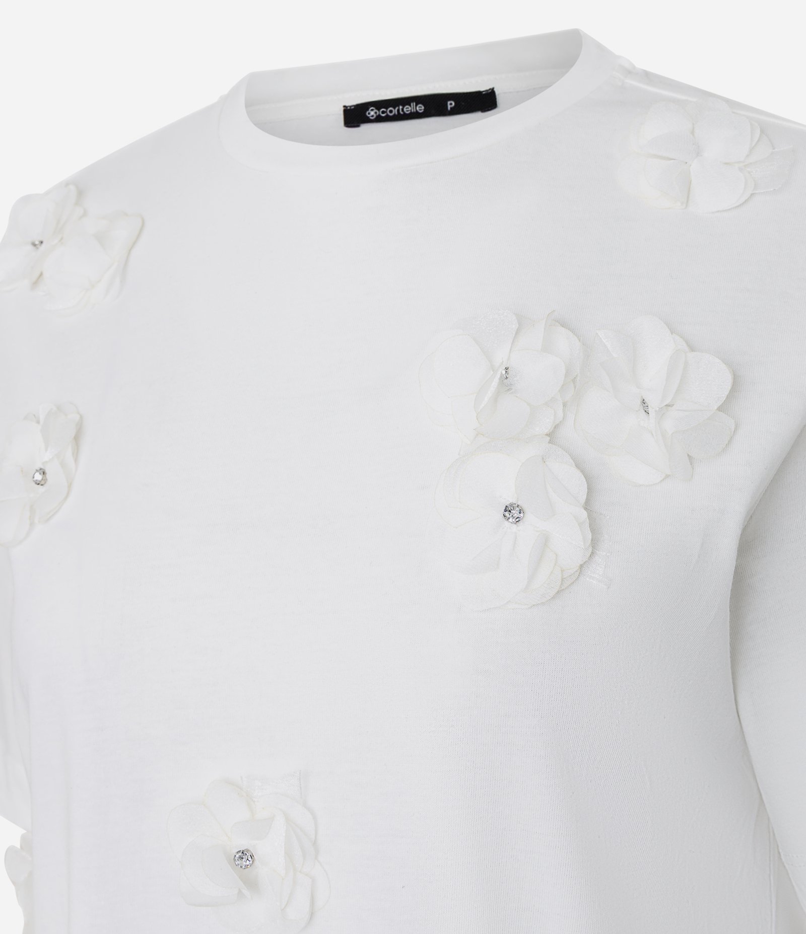 Camiseta em Algodão com Flores Aplicadas e Detalhes Brilhantes Branco 2