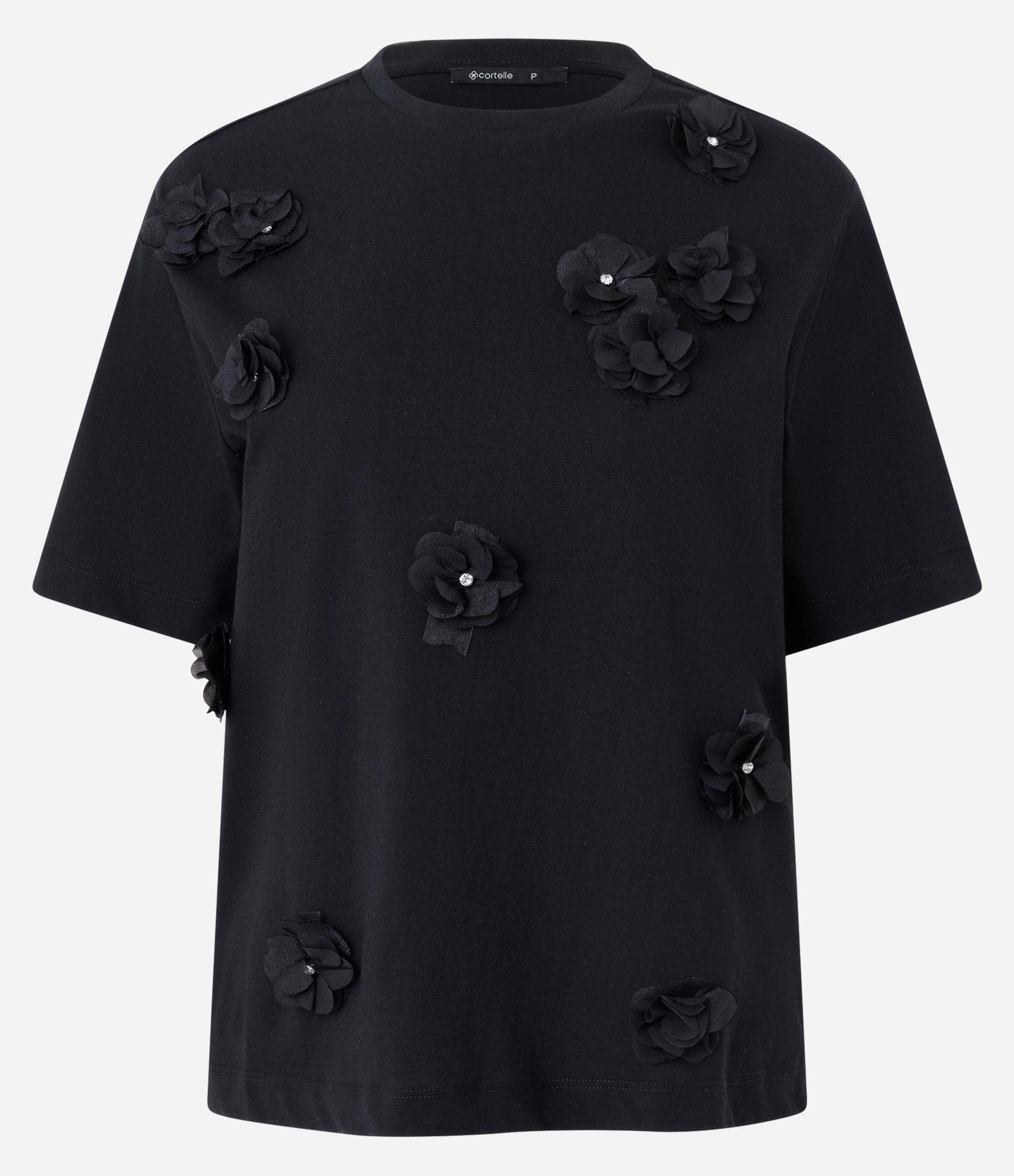Camiseta em Algodão com Flores Aplicadas e Detalhes Brilhantes Preto 1
