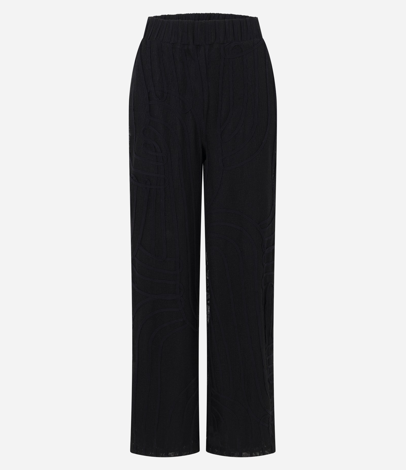 Calça Wide em Tricô com Transparência e Bordado Abstrato Preto 6