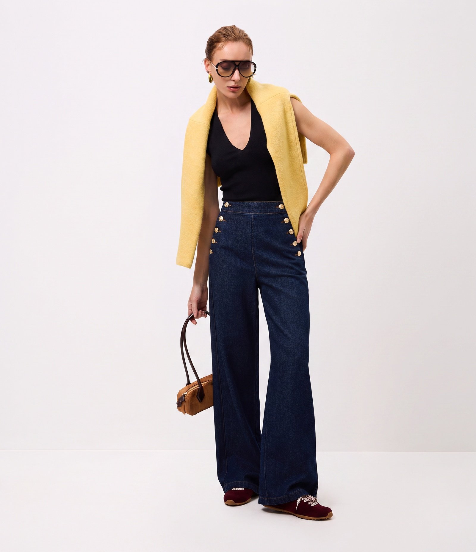 Calça Wide em Jeans com Botões Frontais Escuro 1