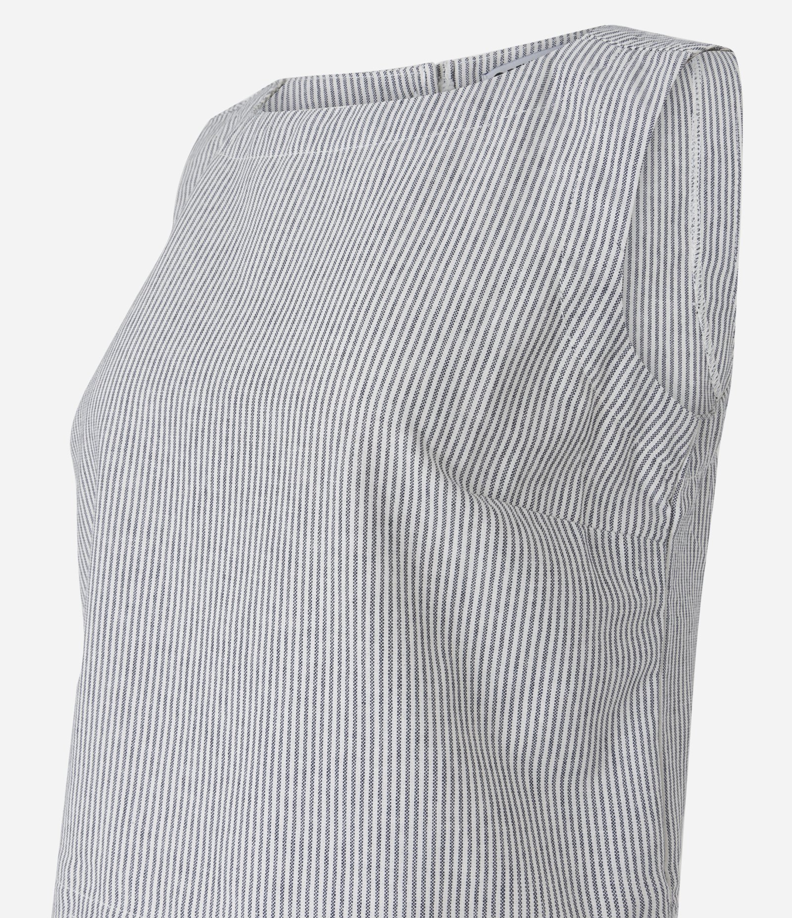 Blusa Cropped em Jeans Maquinetado com Estampa Listrada Branco 2
