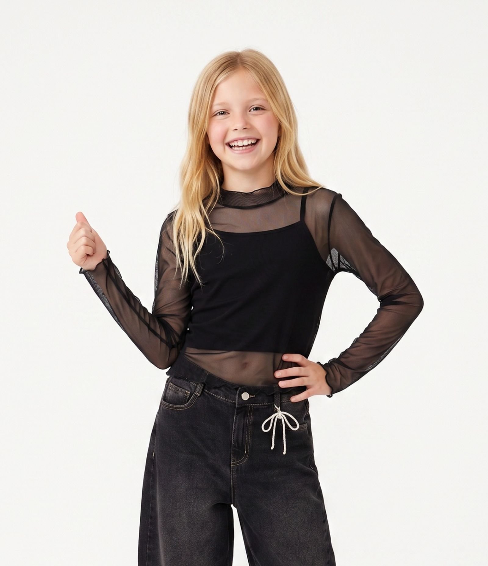 Blusa Infantil Manga Longa em Tule com Regata Interna – Tam 7 a 16 Anos Preto 1