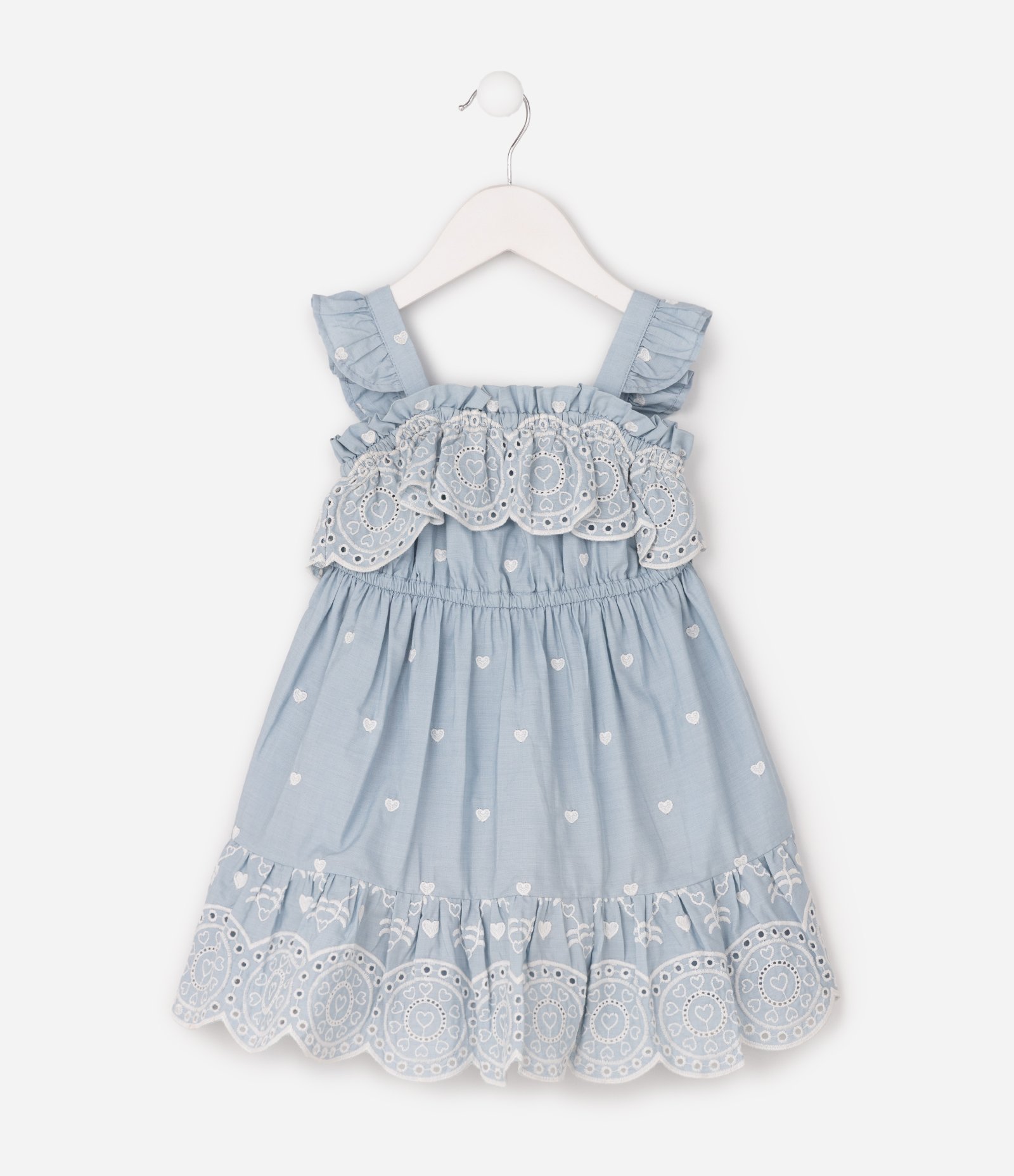Vestido Infantil Em Algodão Poim Bordado Corações e Babados - Tam 1 a 6 Anos Azul 1