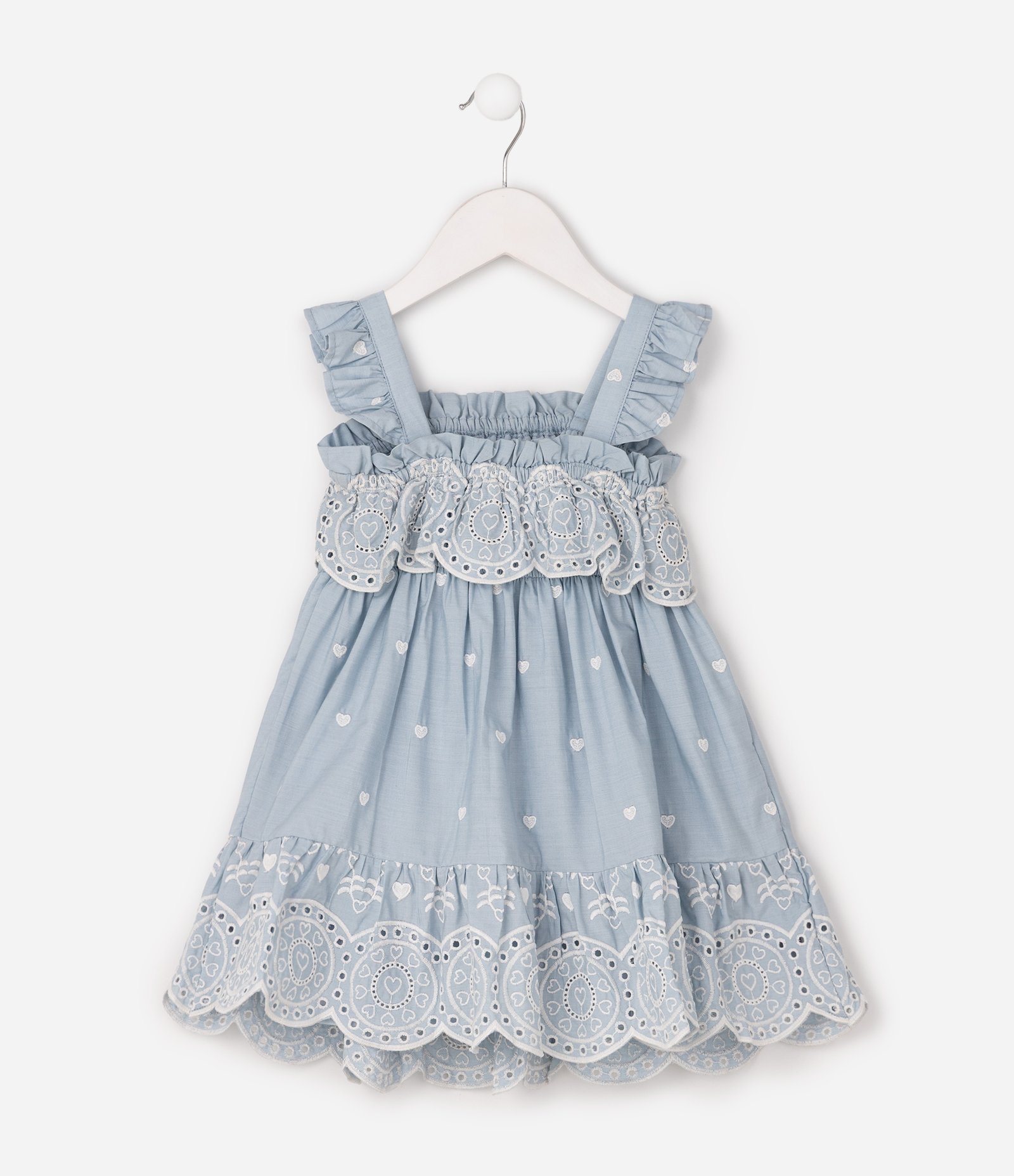 Vestido Infantil Em Algodão Poim Bordado Corações e Babados - Tam 1 a 6 Anos Azul 2