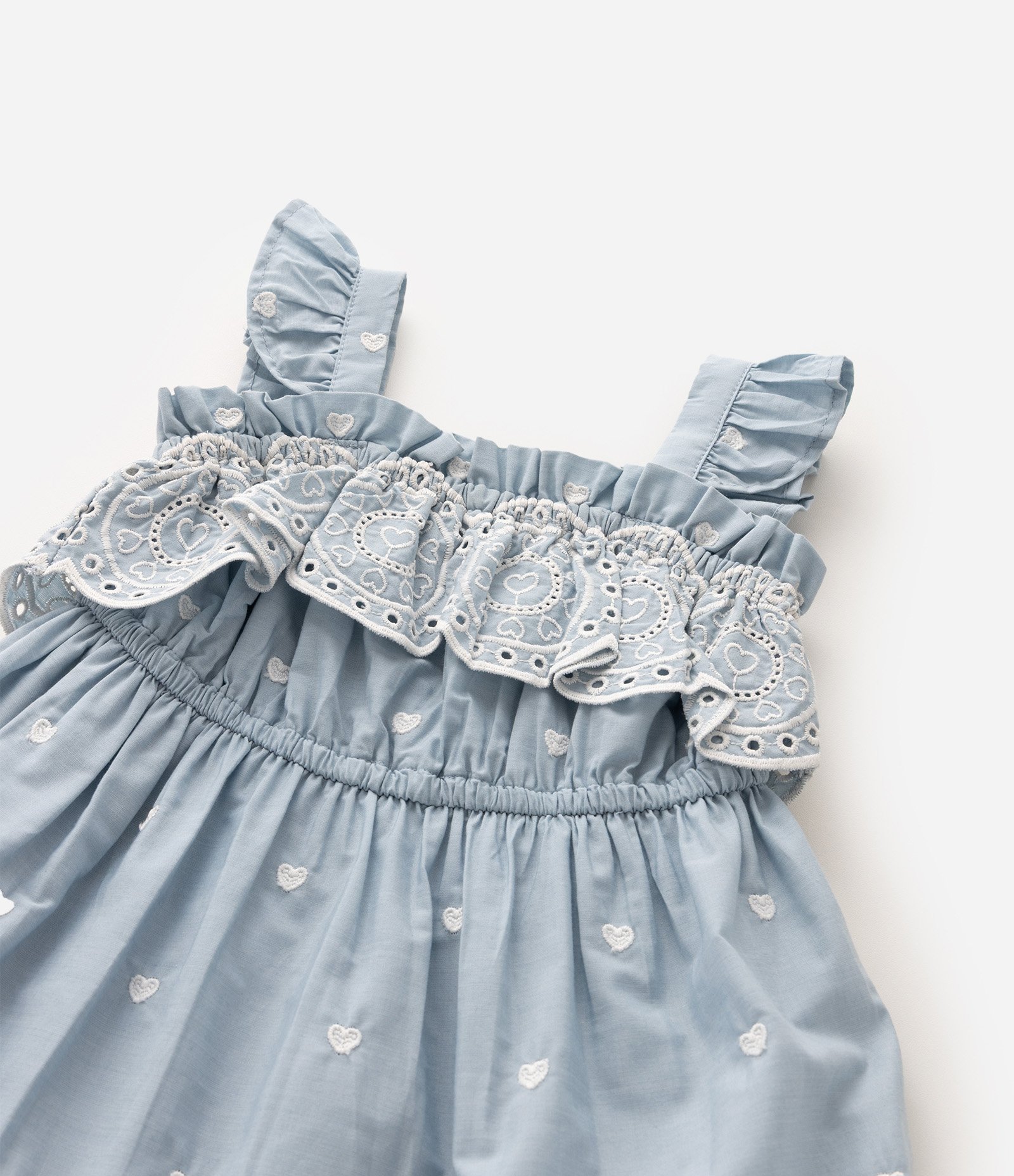 Vestido Infantil Em Algodão Poim Bordado Corações e Babados - Tam 1 a 6 Anos Azul 4