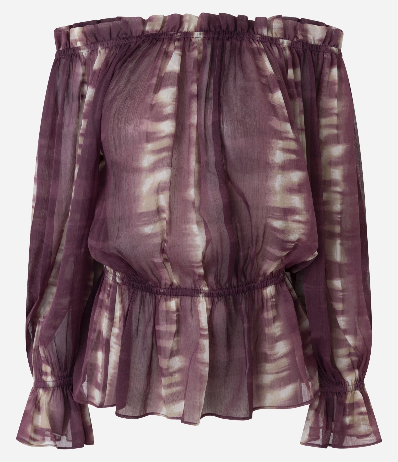 Blusa Ombro a Ombro em Chiffon com Estampa Tie Dye e Babados Bordô 6
