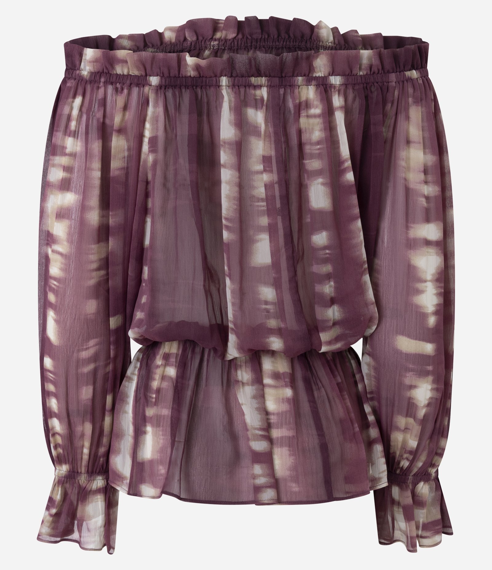 Blusa Ombro a Ombro em Chiffon com Estampa Tie Dye e Babados Bordô 7