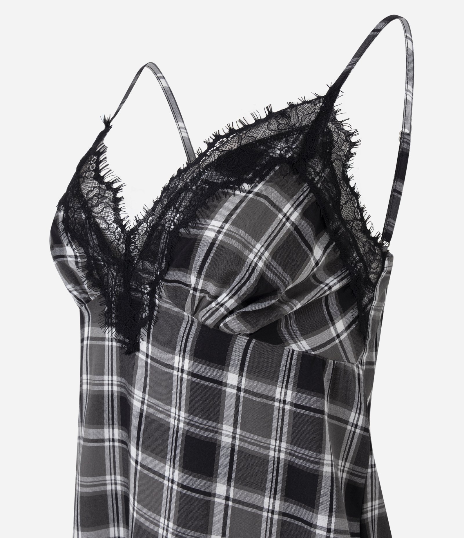 Camisola Curta com Estampa Xadrez Fio Tinto e Renda Preto 2