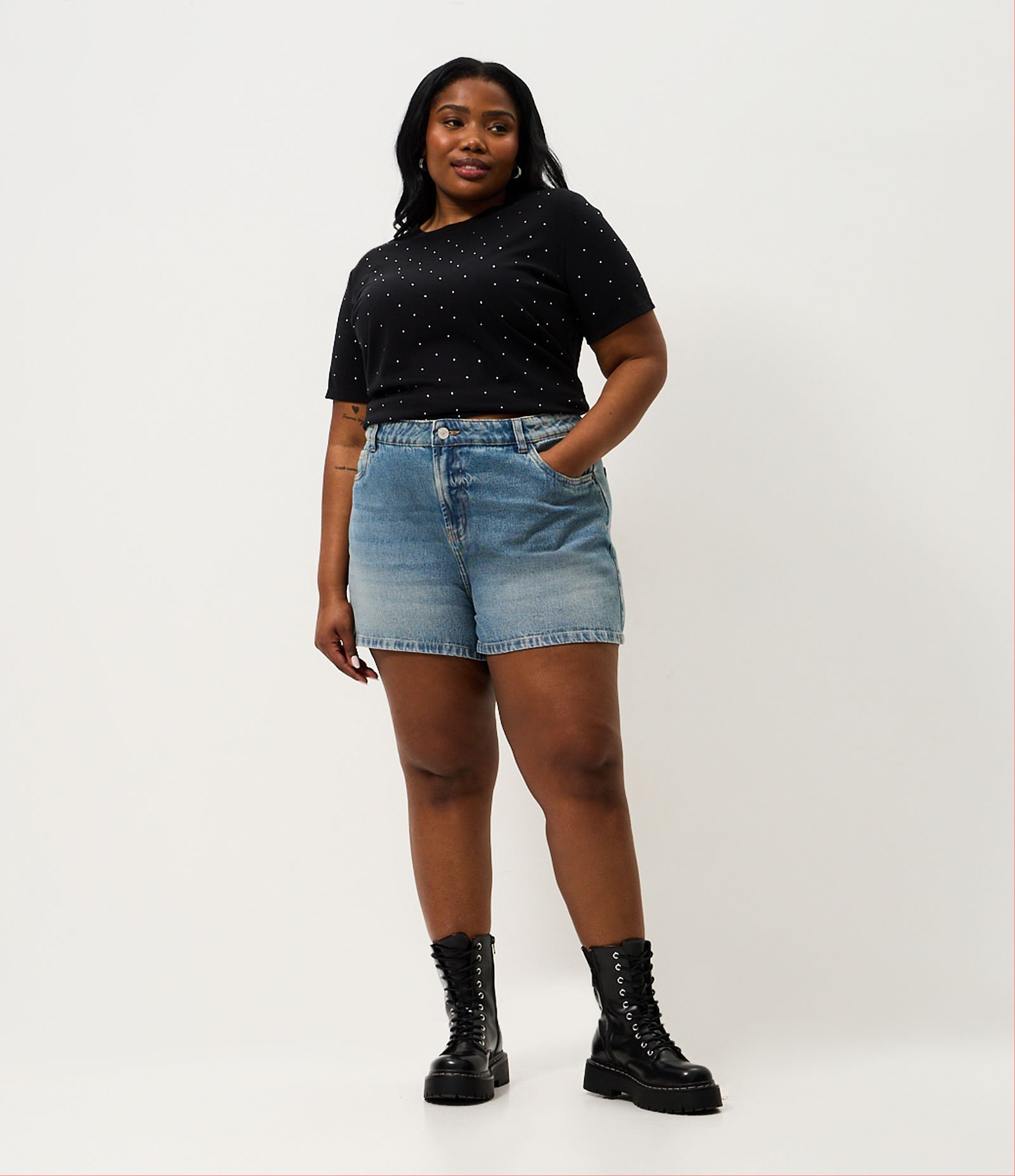 Short Jeans Mom com Efeito Dirty Curve & Plus Size Azul 1