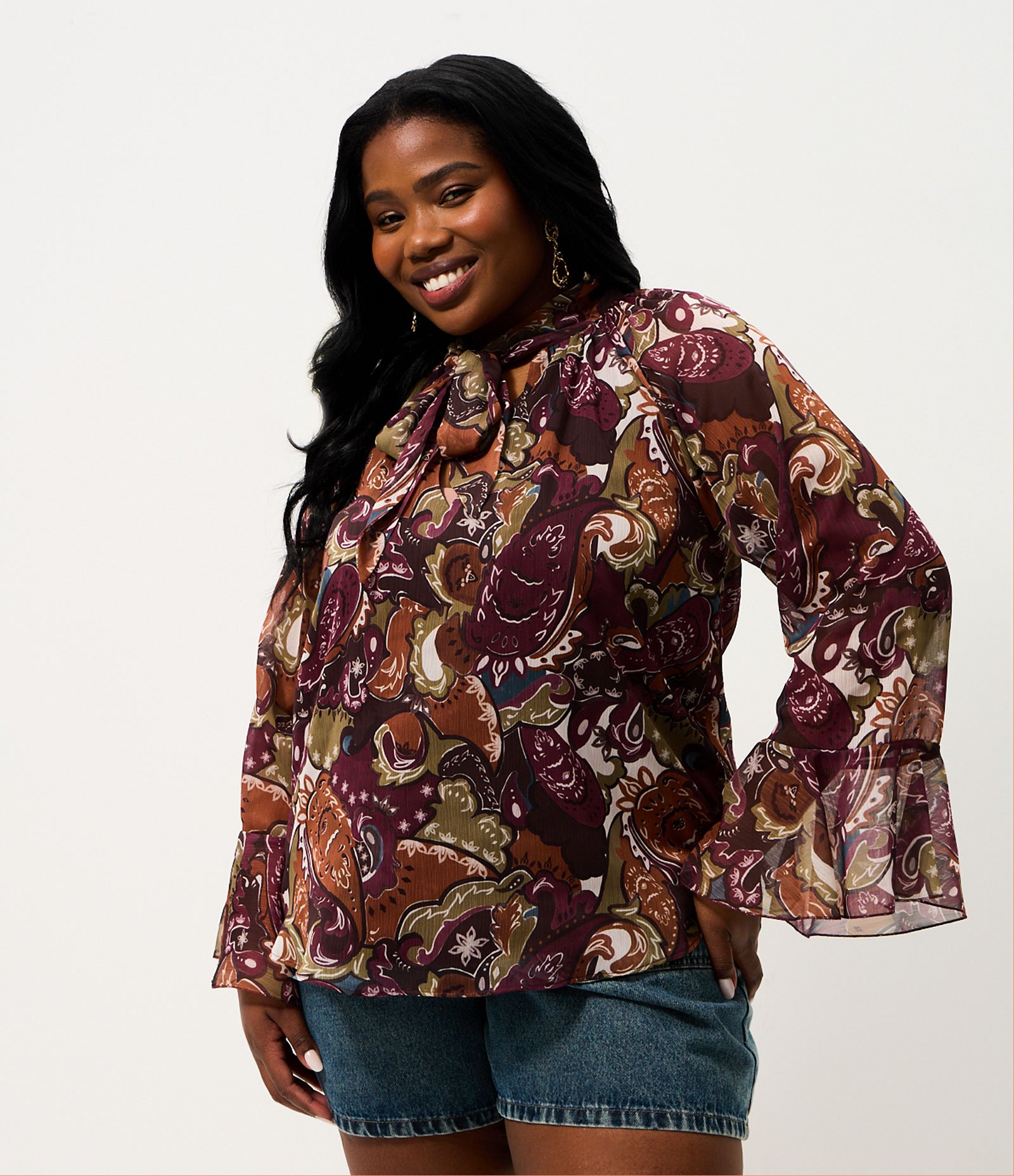 Blusa Chiffon Paisley com Amarração Curve & Plus Size Bordô 2