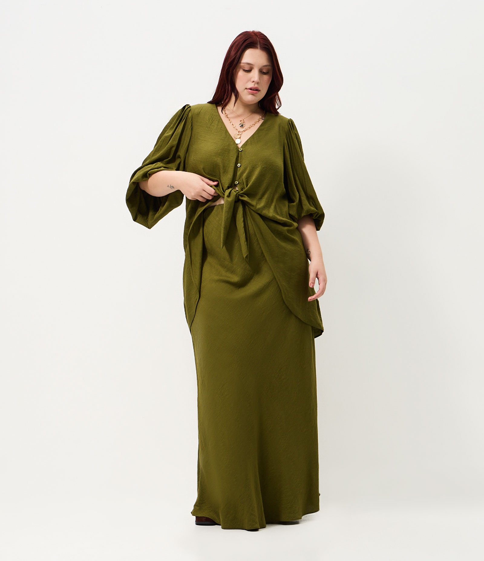 Saia Coluna Longa Texturizada Curve & Plus Size Verde 1