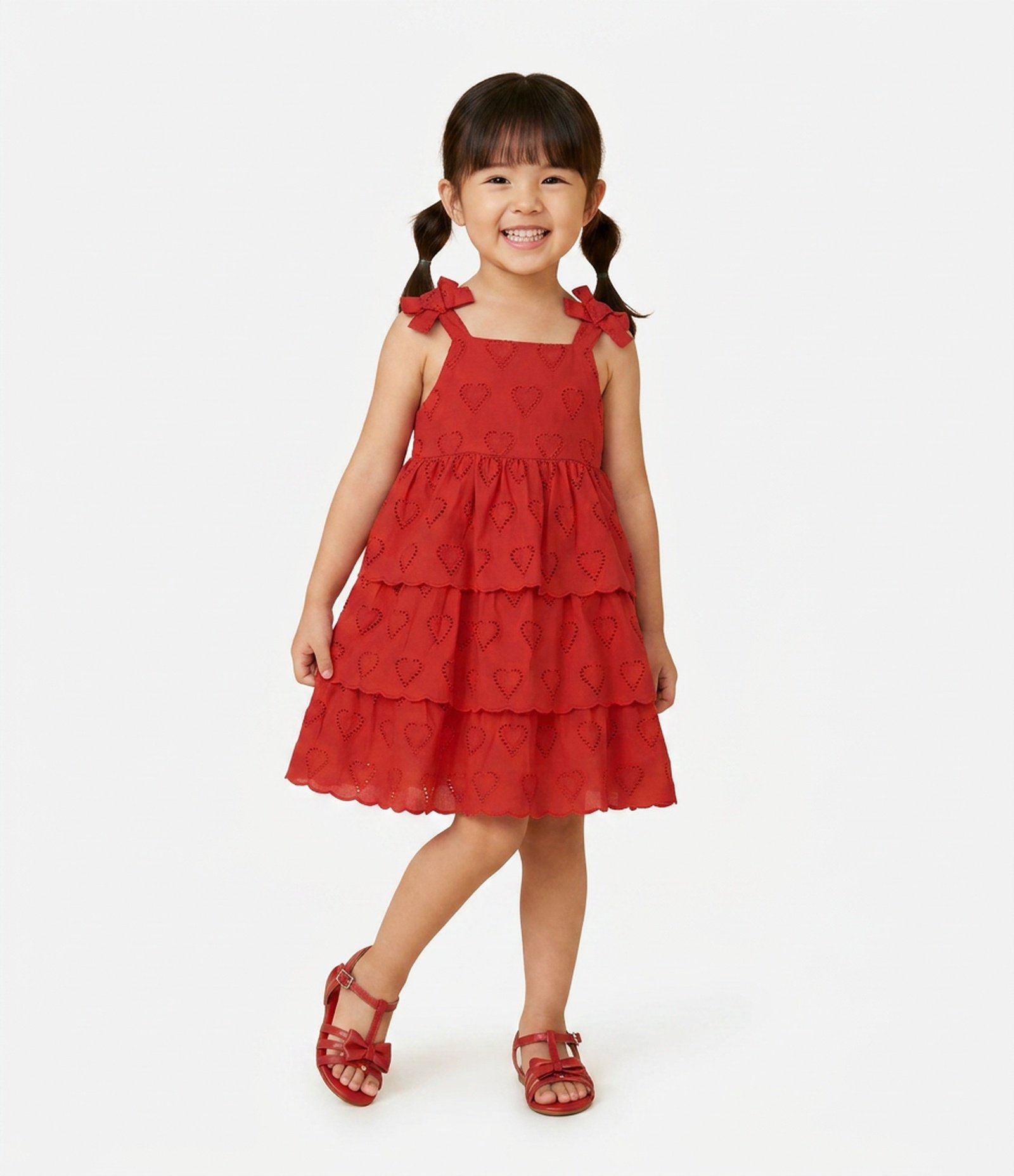 Vestido Infantil Evasê em Laise com Estampa Corações com Babados - Tam 1 a 6 Anos Vermelho 1