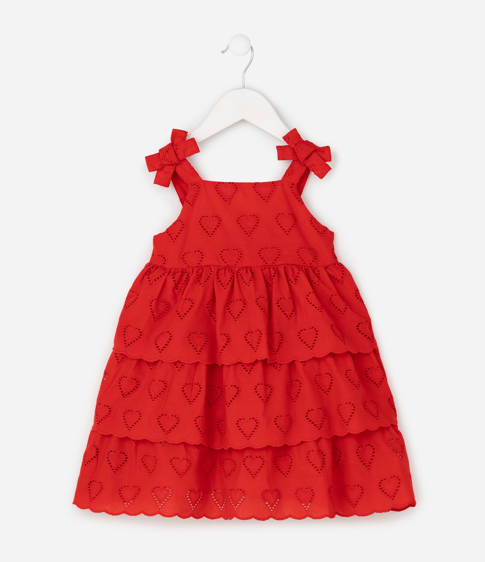 Vestido Infantil Evasê em Laise com Estampa Corações com Babados - Tam 1 a 6 Anos Vermelho 2