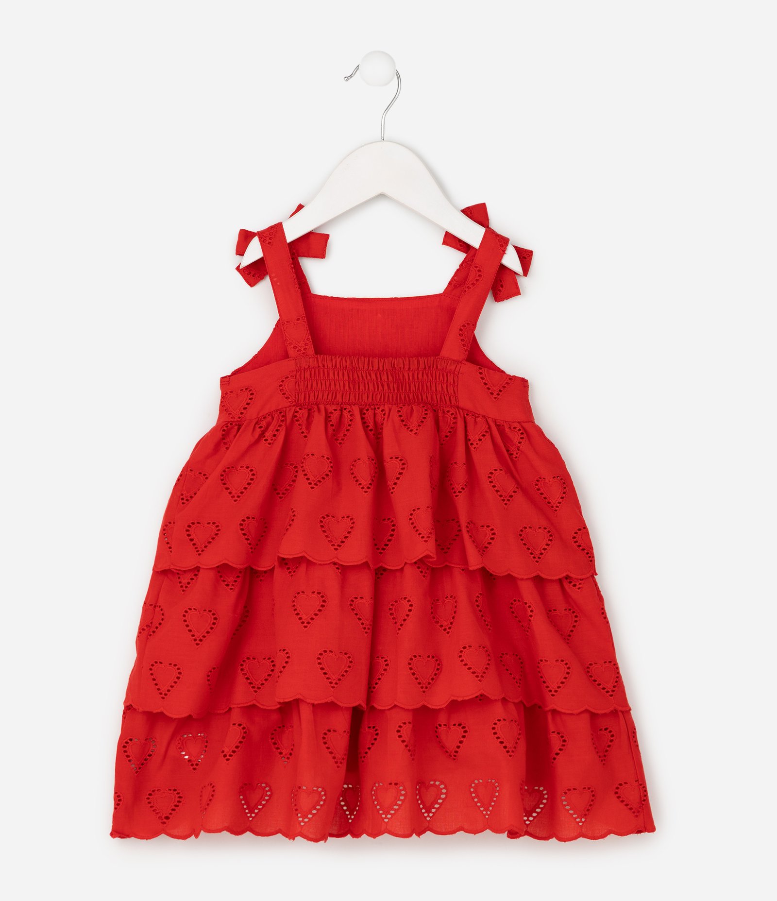 Vestido Infantil Evasê em Laise com Estampa Corações com Babados - Tam 1 a 6 Anos Vermelho 3