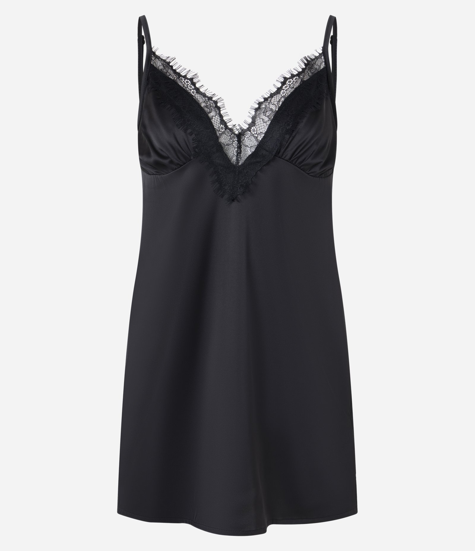 Camisola em Cetim com Alças Finas e Renda no Decote Preto 1