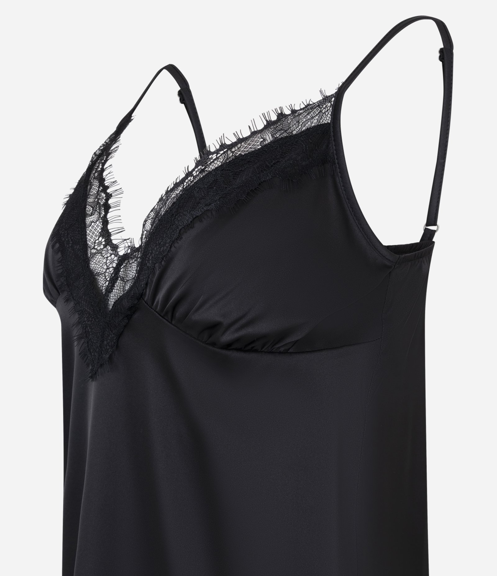 Camisola em Cetim com Alças Finas e Renda no Decote Preto 2