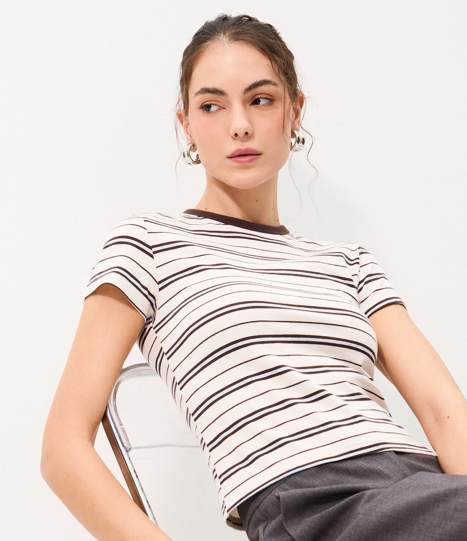 Blusa em Algodão com Estampa Listrada Branco/Marrom 1