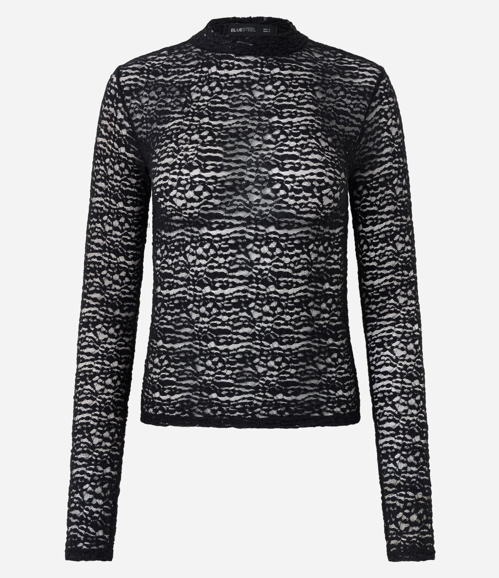 Blusa em Renda com Gola Alta e Manga Longa Preto 1